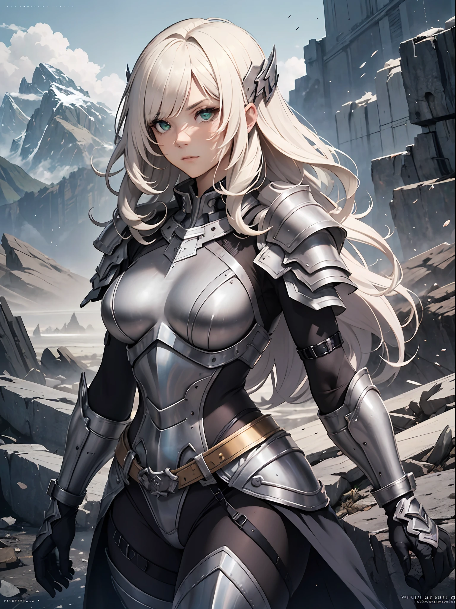 ((Best Quality, 8k, Sharp Focus, Masterpiece: 1.2, Cinematic Light, fantastic beauty a women, Detailed face Textures, realistic skin, detailed bangs)), mountain background at dawn, ((detailed Full body Metal Armor)), ((metal reflections:1.4)), detailed divine pale blonde hair, long wavy messy hair, wind, light fog, devil's castle, detailed Green eyes with blue light radiation , sense of determination Courageous face, final battle, absurdity, cowboy shot