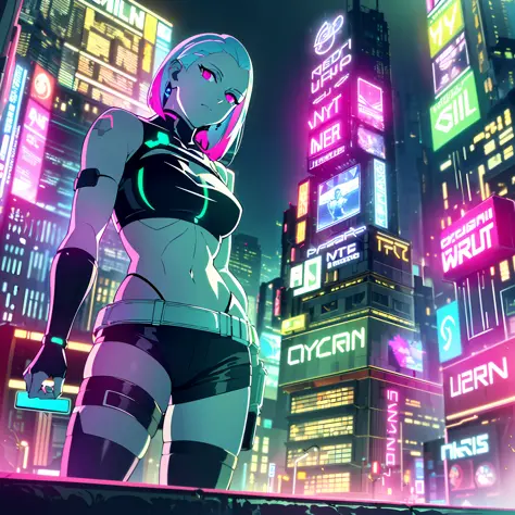 (masterpiece, detailed, high resolution:1.4), cyberpunk, cyberpunk 2077, cyberpunk night city cyberpunk background, metal cybernetic silver hand in the foreground in the frame, green and blue glitch effect around the hand, purple-pink neon glow, Lucy