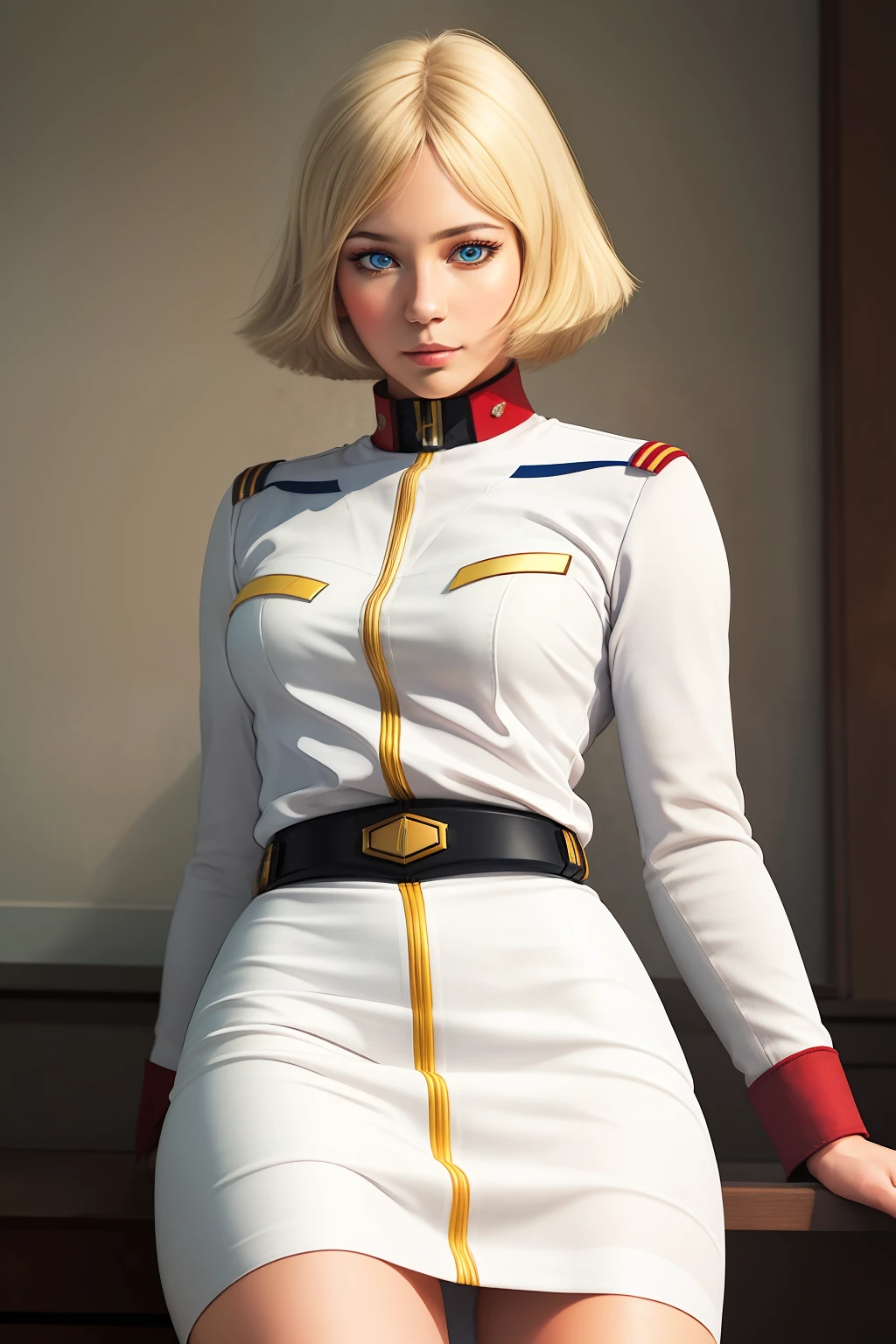 1girl, sayla mass, elegant, masterpiece, intricate, realistic, best quality, absurdres, high face detail, perfect eyes, 1, cowboy shot, illustration, vibrant colors, white uniform, skirt