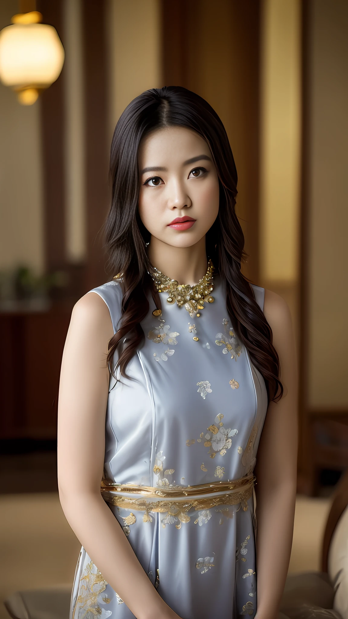 ,1girl, solo, chinese girl, realistic, photography, photorealistic, looking at viewer, blurry background, black hair, necklace, solo focus, long hair, china dress, indoor, living room, cinematic lighting, depth of field ，