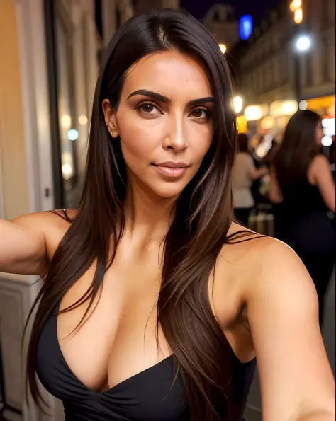 photo of a 1Latina woman (Cléo Pires), (Kim Kardashian) with long brown hair dyed blonde, taking a selfie in Paris, highly detailed and realistic photography in style