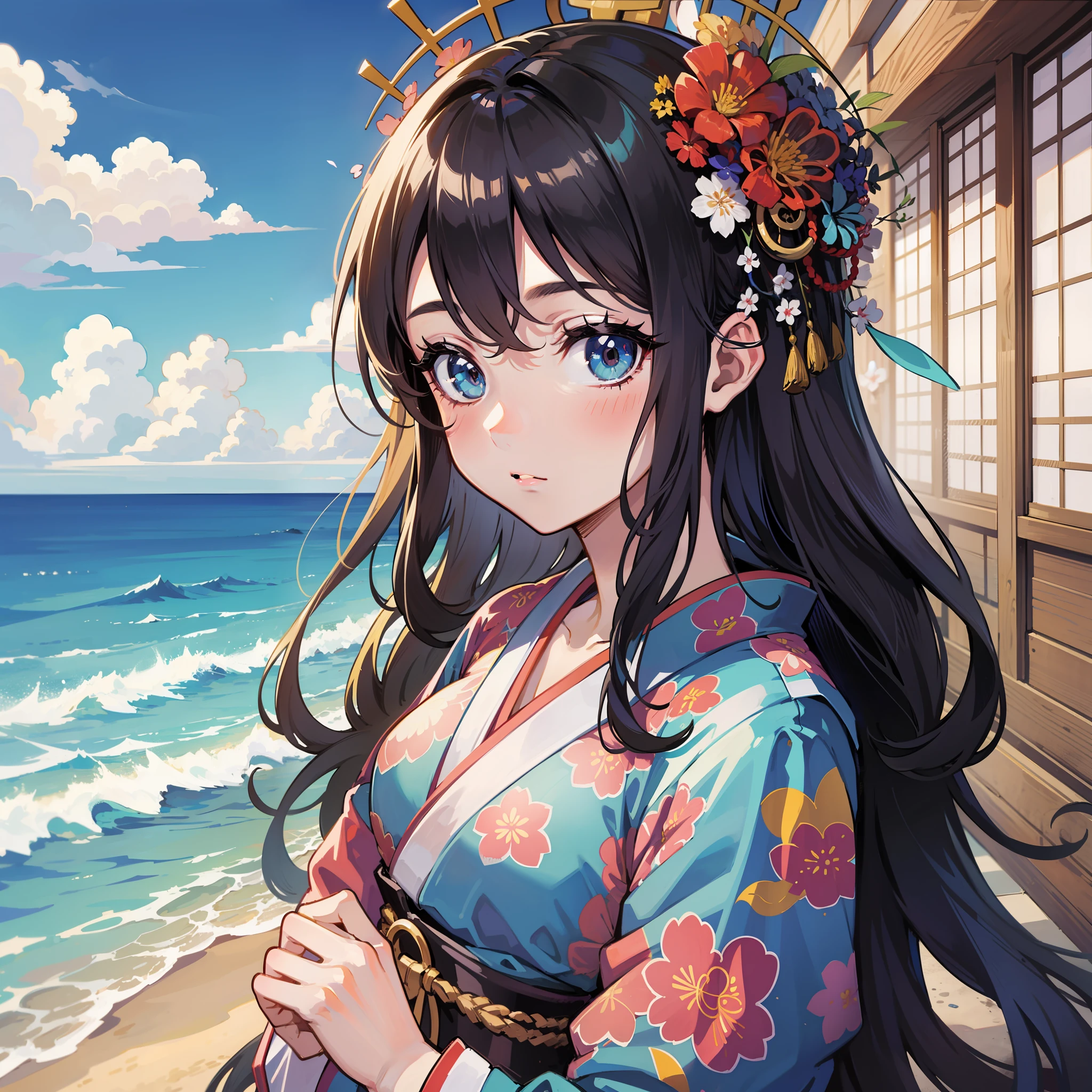 estilo manga japonés, chica junto al mar, hermoso, Obra maestra