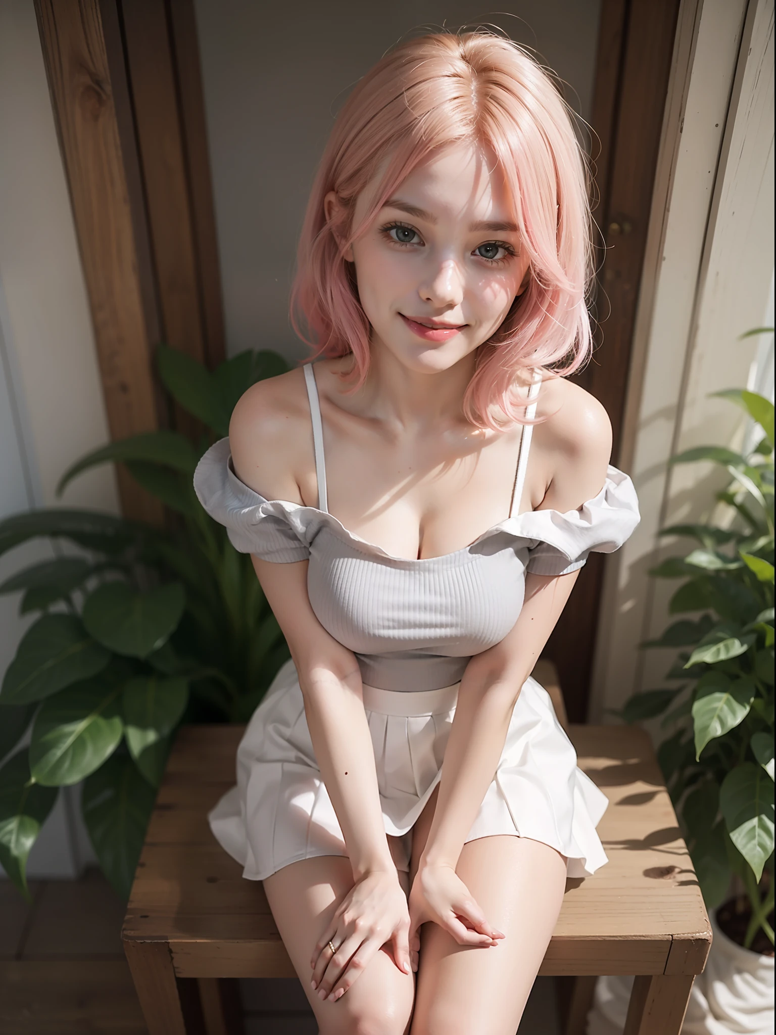 Original photo, best quality, realistic, a girl, size D mug, smile, gray-blond or ginger or pink hair, short skirt, short white skirt, bare thighs, bare knees, bare shoulders, looking at the viewer,