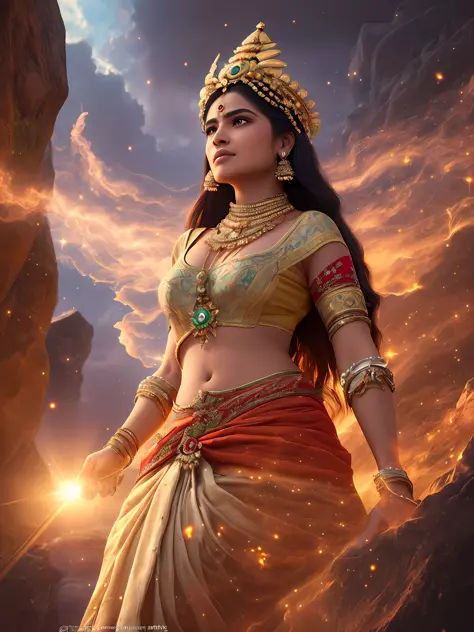 an indian woman from amazon, descending from the sky, radiant, powerful, celestial creature, glory, realistic, 8k --auto --s2