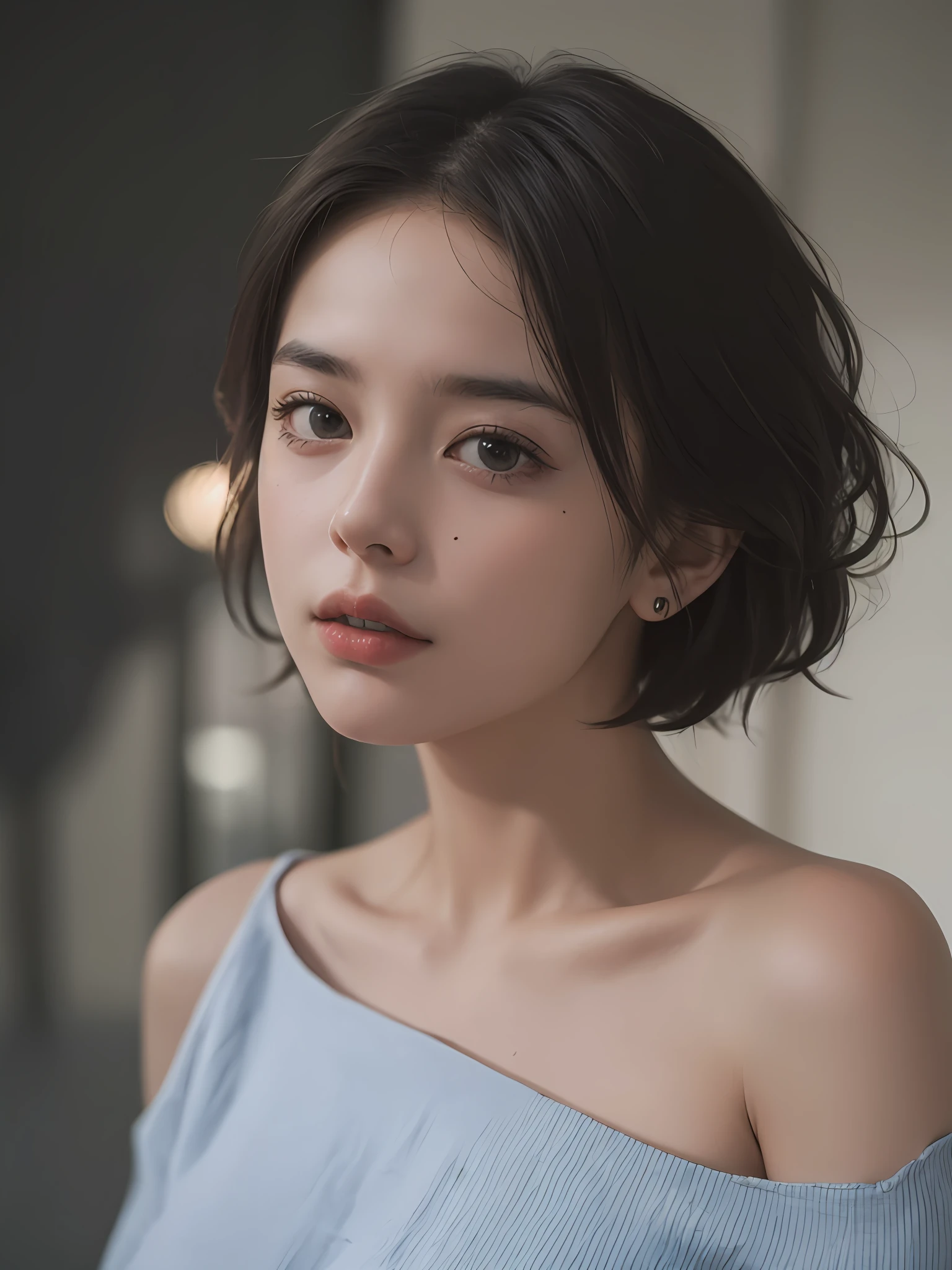 Best quality, masterpiece, ultra high res, (photorealistic:1.5), raw photo, 1girl, offshoulder, in the dark, deep shadow, low key, cold light, sexy look, short hair