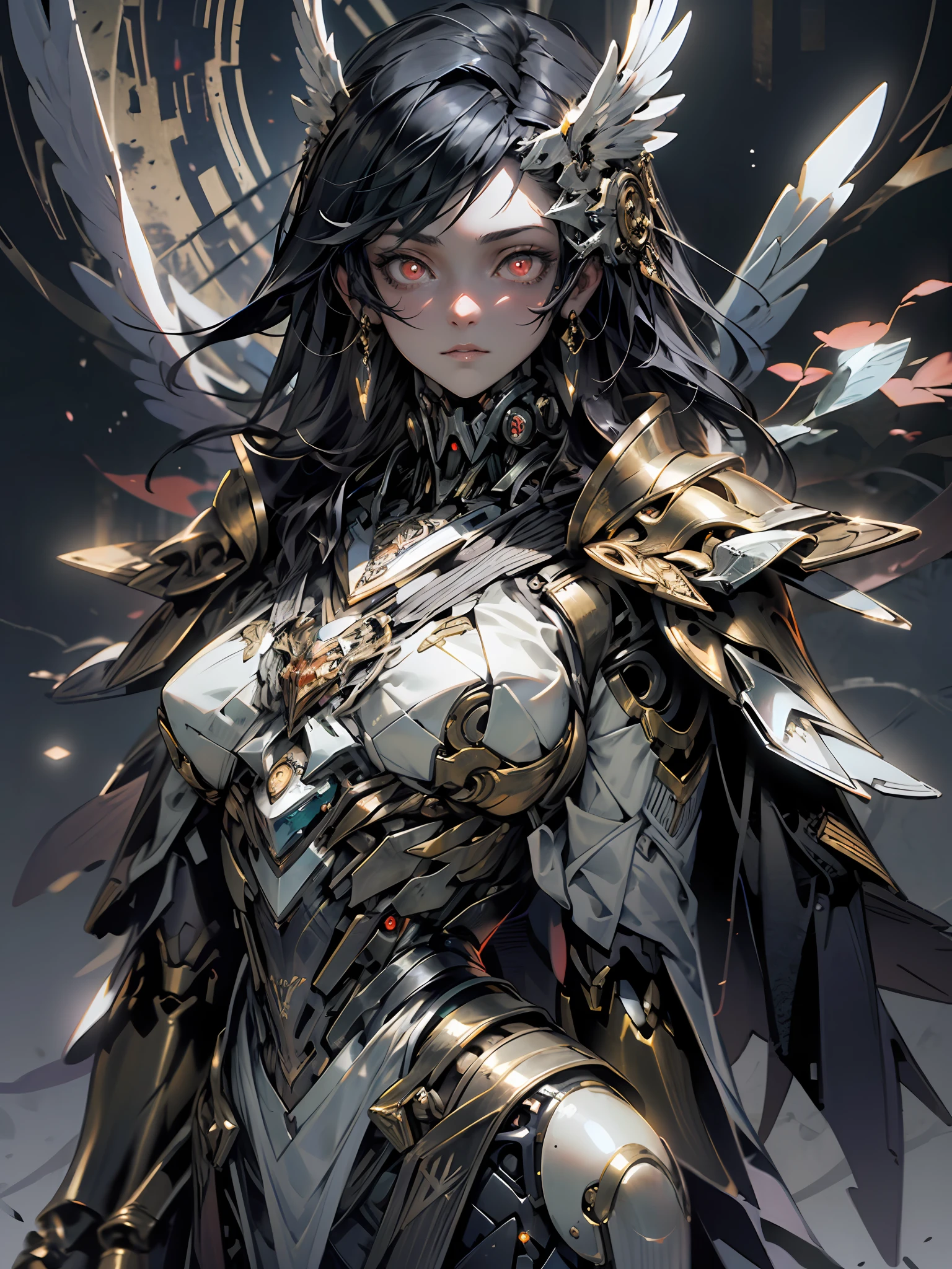 (masterpiece, best quality:1.3),extremely high detailed, intricate, 8k, HDR, wallpaper, cinematic lighting, (universe), fighting, glowing, golden and silver, armor, 1girl, beautiful face, red eyes, black hair, glowing eyes, mecha, white robe, large wings,