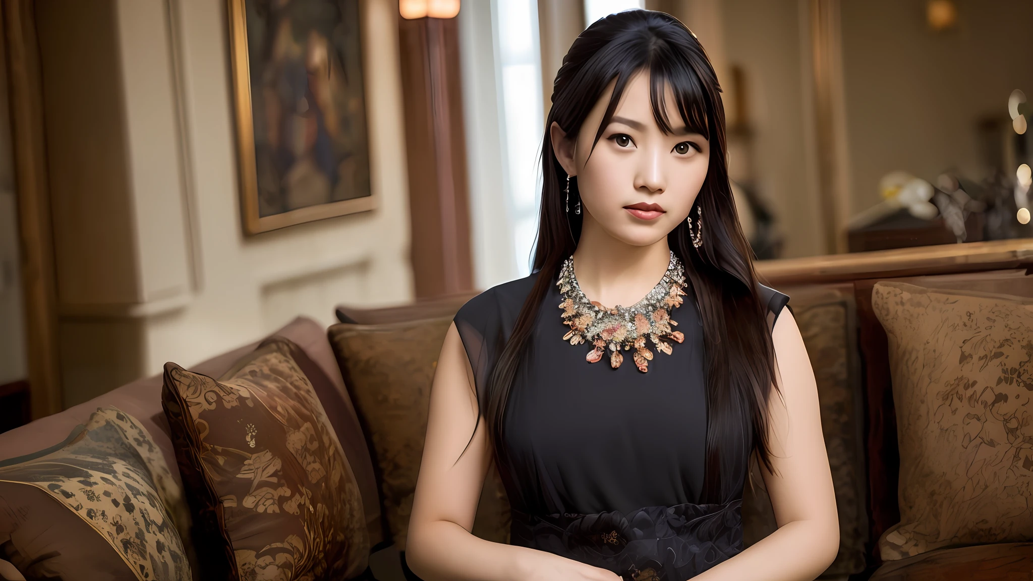 ,1girl, solo, chinese girl, realistic, photography, photorealistic, looking at viewer, blurry background, black hair, necklace, solo focus, long hair, china dress, indoor, living room, cinematic lighting, depth of field ，