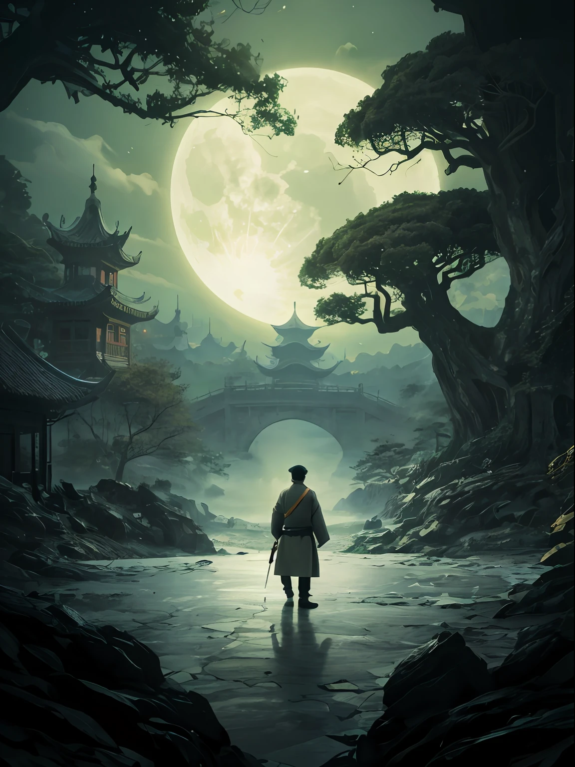 chiaroscuro, depth of field, Surrealism, best quality, masterpiece, UHD, highres, high details, ccurate, 16k，ink, China, Chivalrous man, Sword, Chinese sword, Monster,1boy, Attack monsters, Leaves flutter and fall, Moonlight, The moonlight falls, Chinese style, green smell, Tai Chi, negative space, fisheye