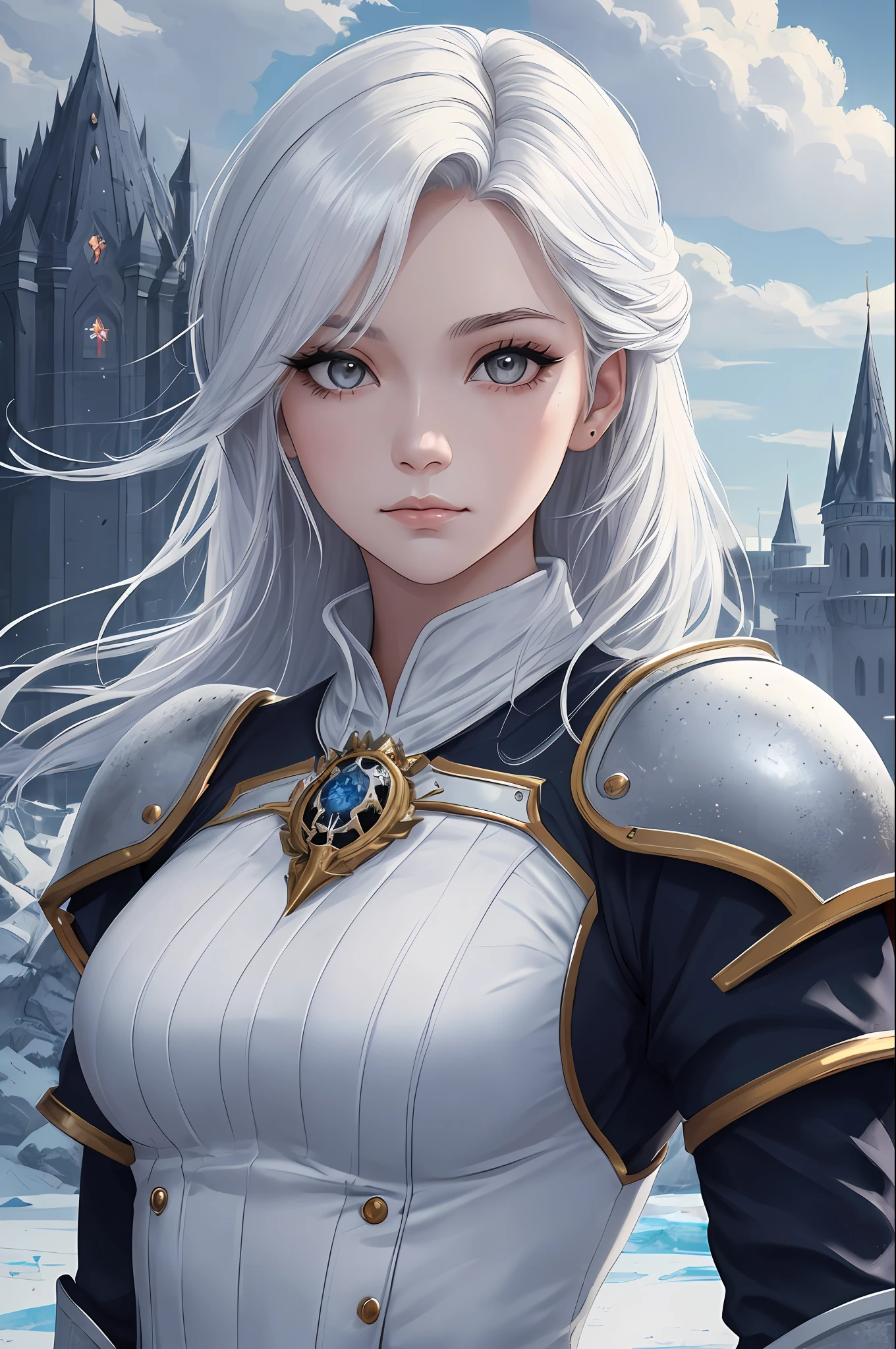 ((high quality:1.2, masterpiece:1.2)), 1girl, beautiful face, white hair, grey eyes, dynamic pose, (death knight, fantasy), (face shot, upper body), fantasy, (noon, ice castle background:1.2), majestic clouds, absurdres, high details, detailed and intricate, best lighting, sharp focus, realistic lighting