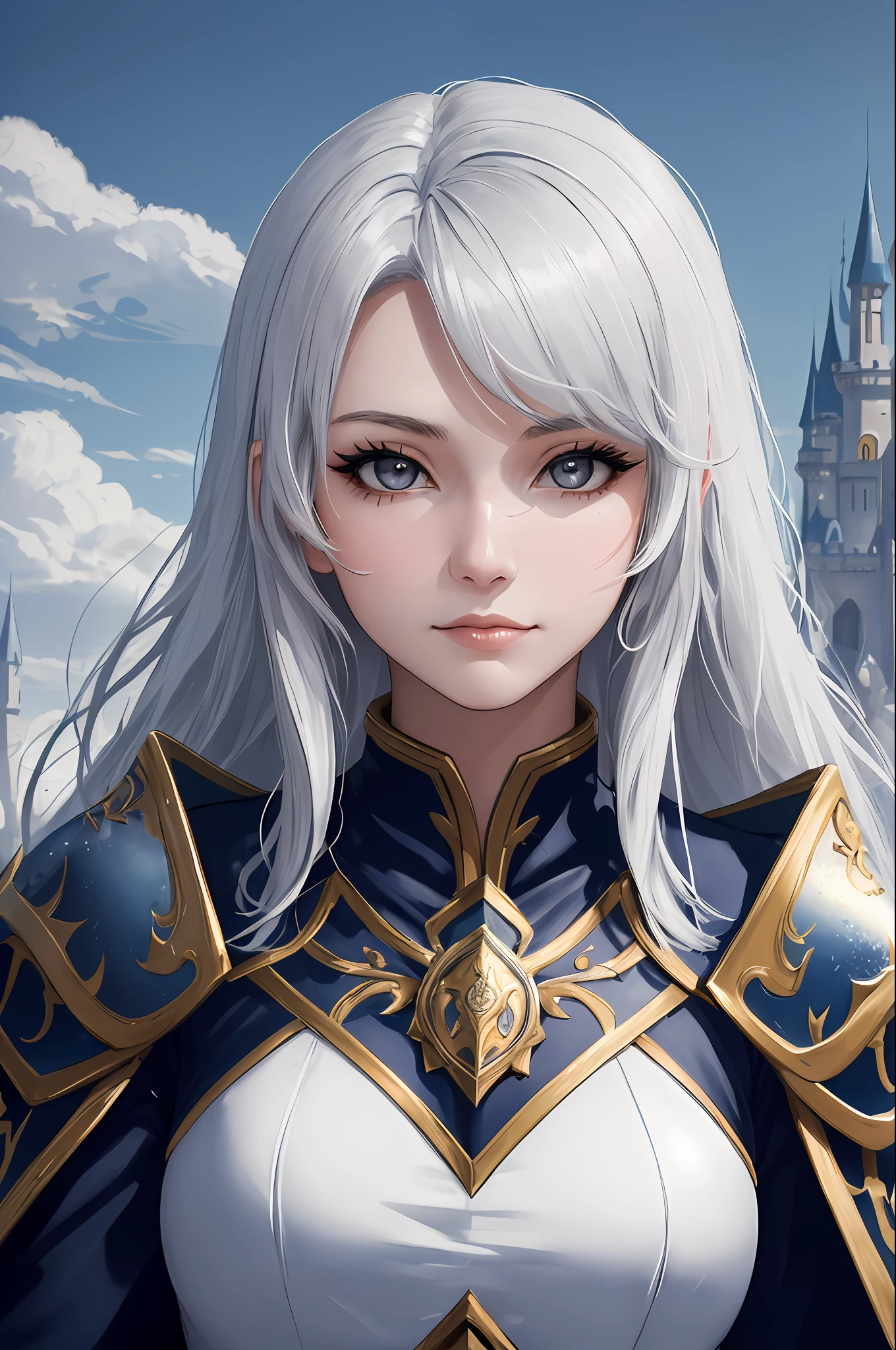 ((high quality:1.2, masterpiece:1.2)), 1girl, beautiful face, white hair, grey eyes, dynamic pose, (death knight, fantasy), (face shot, upper body), fantasy, (noon, ice castle background:1.2), majestic clouds, absurdres, high details, detailed and intricate, best lighting, sharp focus, realistic lighting