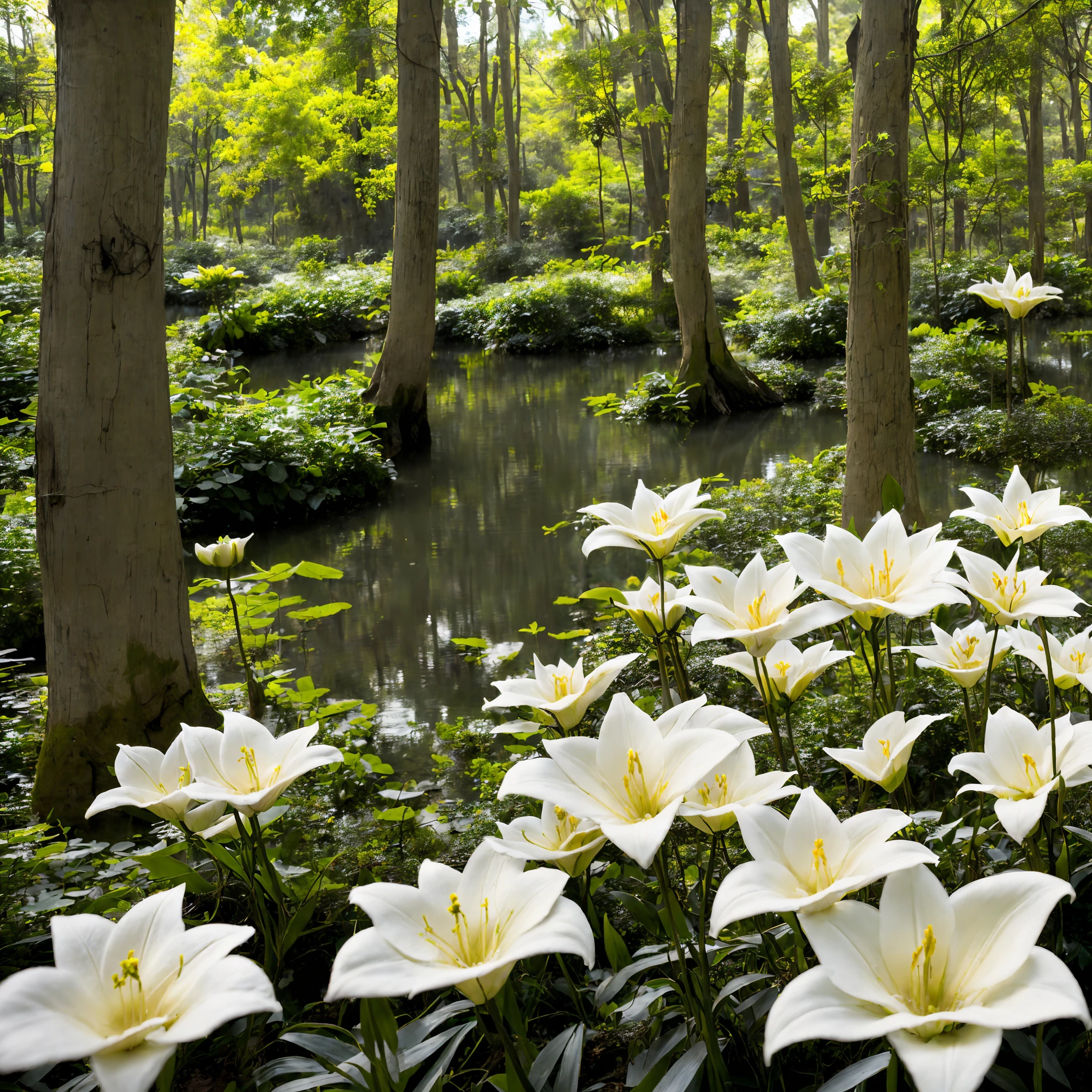 Un encantador y etéreo campo florido con muchos lirios blancos en primer plano en medio de un frondoso bosque de vides de ramas verdosas y puntiagudas en el fondo., Iluminado por una suave luz angelical sagrada. Alto nivel de detalle Profundidad de campo fotorrealista con desenfoque del primer plano, alejar el paisaje, estilo geográfico nacional. no humanos, solo paisaje.