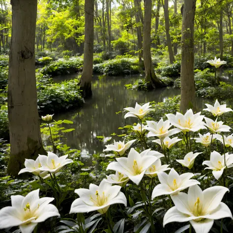 A charming and ethereal flowery field with many white lilies in the foreground in the middle of a lush forest of vines of greeni...