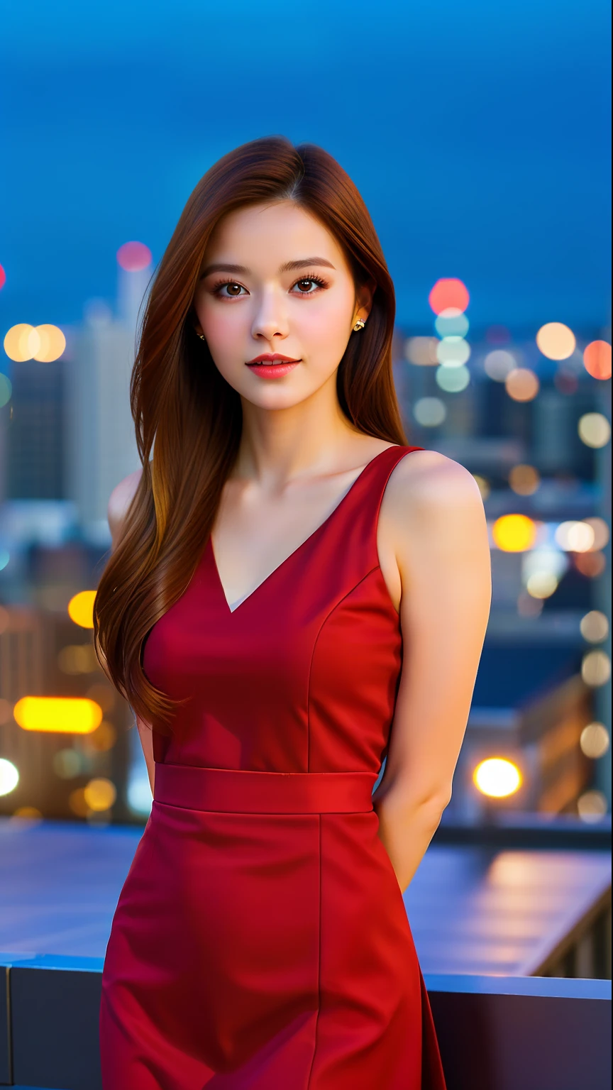 (Skindent:1.2), (Realistic:1.1), Top Quality, Photorealistic, Bokeh, City Lights, 1 Girl, Portrait, Wearing a red dress, Evening, Rooftop,