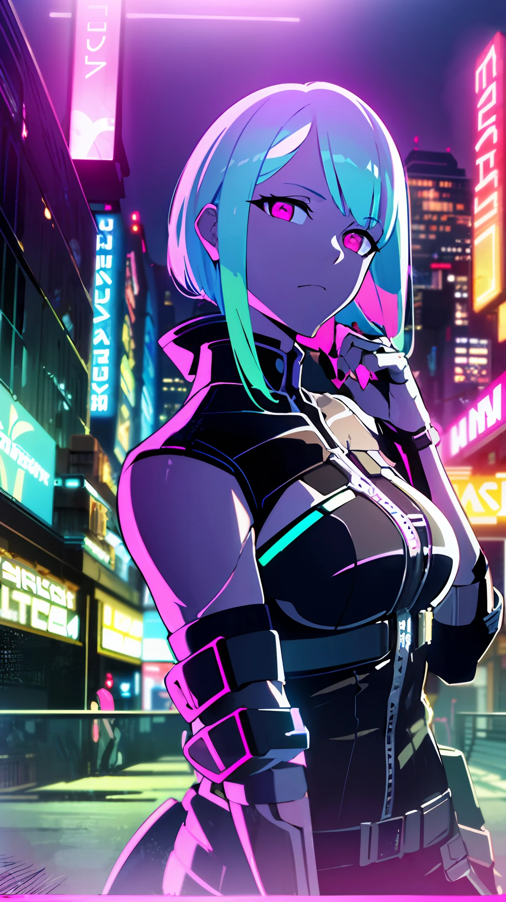 (masterpiece, detailed, high resolution:1.4), cyberpunk, cyberpunk 2077, cyberpunk night city cyberpunk background, metal cybernetic silver hand in the foreground in the frame, green-blue glitch effect around the hand, purple-pink neon glow, Lucy, in love, erotica, fantasy