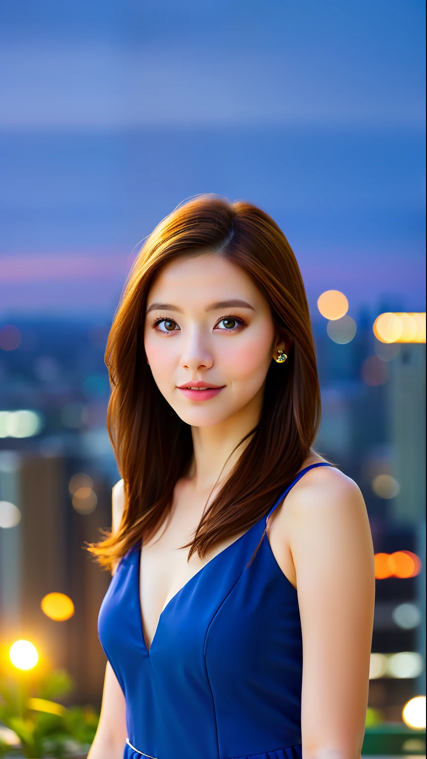 (skindent:1.2), (realistic:1.1), best quality, photorealistic, bokeh, city lights, 1 girl, portrait, white wearing dress, evening, rooftop,