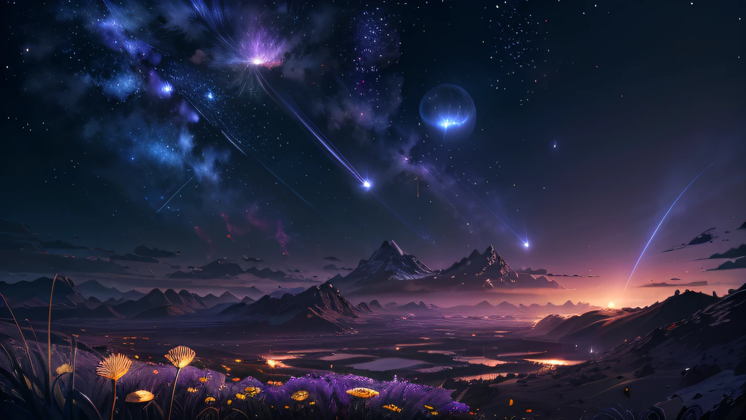 (Absurd, Cinematic, UHD, tallest, ultra detailed, ultra detailed), dark purple sky, nebula in the sky, last 5 in the sky, big moon in the sky, shooting star, dandelion field, mountain, oil painting, detailed dandelion field, detailed sky, sunset, unreal engine 4k wallpaper