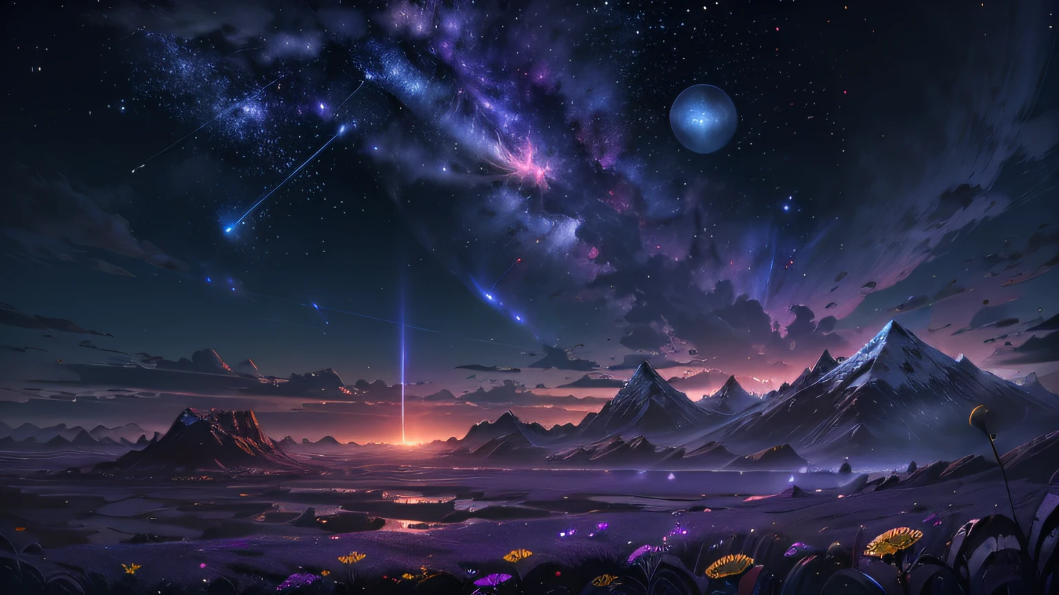 (Absurd, Cinematic, UHD, tallest, ultra detailed, ultra detailed), dark purple sky, nebula in the sky, last 5 in the sky, big moon in the sky, shooting star, dandelion field, mountain, oil painting, detailed dandelion field, detailed sky, sunset, unreal engine 4k wallpaper