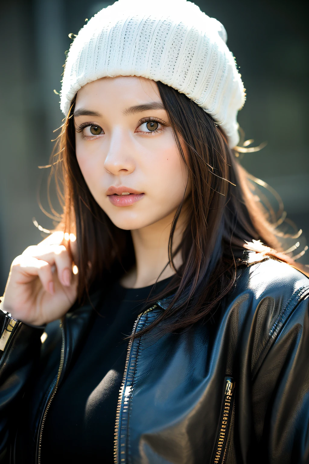 (
(8k:1.27), best quality, masterpiece, ultra highres:1.2) Photo of Pretty Japanese woman
 (beautiful:1.1) (sci-fi warrior woman:1.1) space soldier, (beanie:1.61) (leather jacket:1.21) intricate elegant, fantasy, detailed, ometric by greg rutkowski and alphonse mucha, gradient lighting