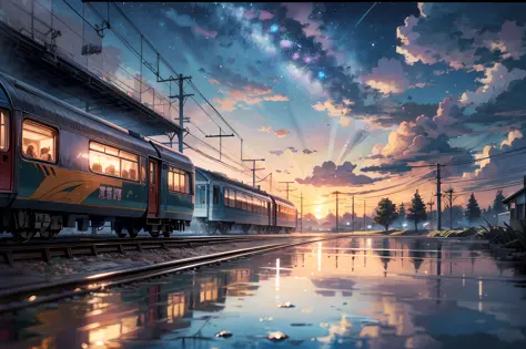 anime train on tracks with a sunset in the background, reflections. by makoto shinkai, beautiful anime scene, cosmic skies. by makoto shinkai, 4k highly detailed digital art, ( ( makoto shinkai ) ), makoto shinkai cyril rolando, inspired by Makoto Shinkai,...