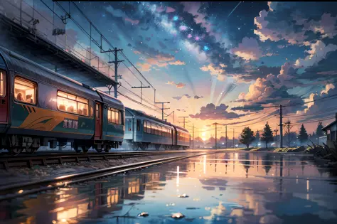 anime train on tracks with a sunset in the background, reflections. by makoto shinkai, beautiful anime scene, cosmic skies. by makoto shinkai, 4k highly detailed digital art, ( ( makoto shinkai ) ), makoto shinkai cyril rolando, inspired by Makoto Shinkai,...