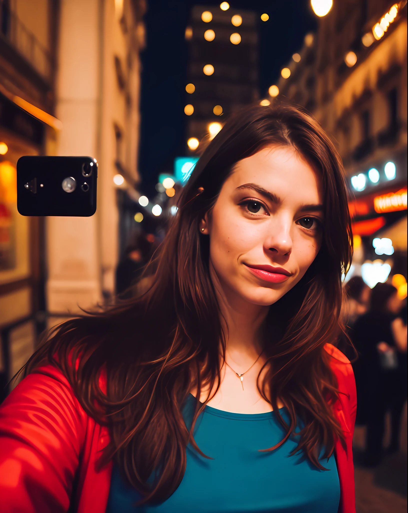 Arafed woman taking a selfie in a city at night - SeaArt AI