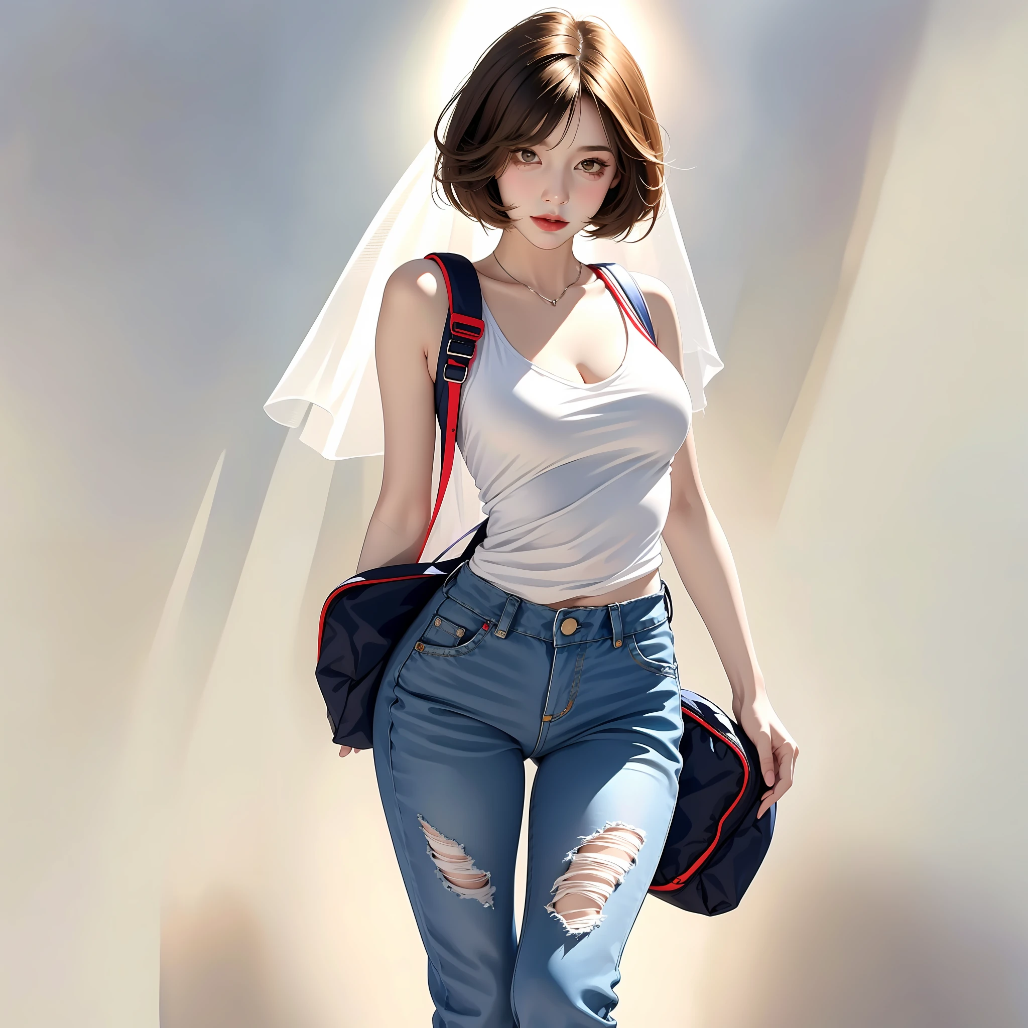 1girle，Stand，with a simple background，pure white background，Pose，medium Breasts，cleavage，Camisole，Loose denim trousers，Broken sleeves，Veil，pubic hair is transparent，behind the hand，backpack，brownhair，fluffy short hair，