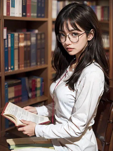 1girl, solo, librarian, bookshelf, library setting, reading glasses, books, book cart, quiet expression, knowledge, education.