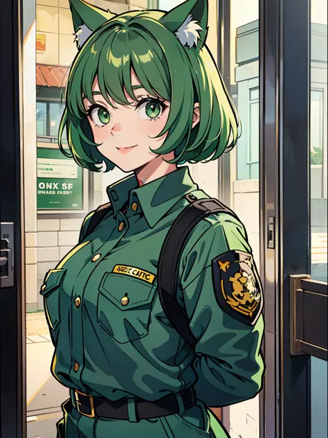 Composition of uniformed security guard (cat girl, short green bobbed hair, green eyes, satisfied smile) stopping at the entrance of the building