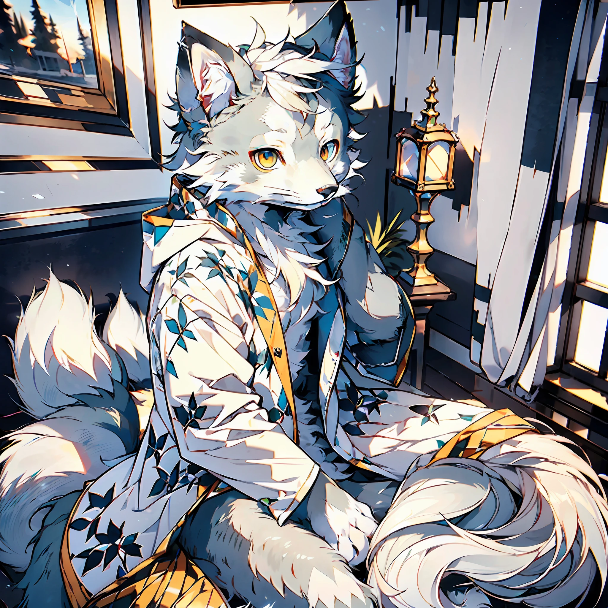 high detail, hyper quality, high resolution, 1080P, solo, furry, (male arctic fox: 1.5), (gray fur: 1.3), gray skin, gray ears, golden eyes, sharp claws, (fluffy tail: 1.2), wearing a bathrobe, sitting on the bed, in the room, detailed background, natural lighting