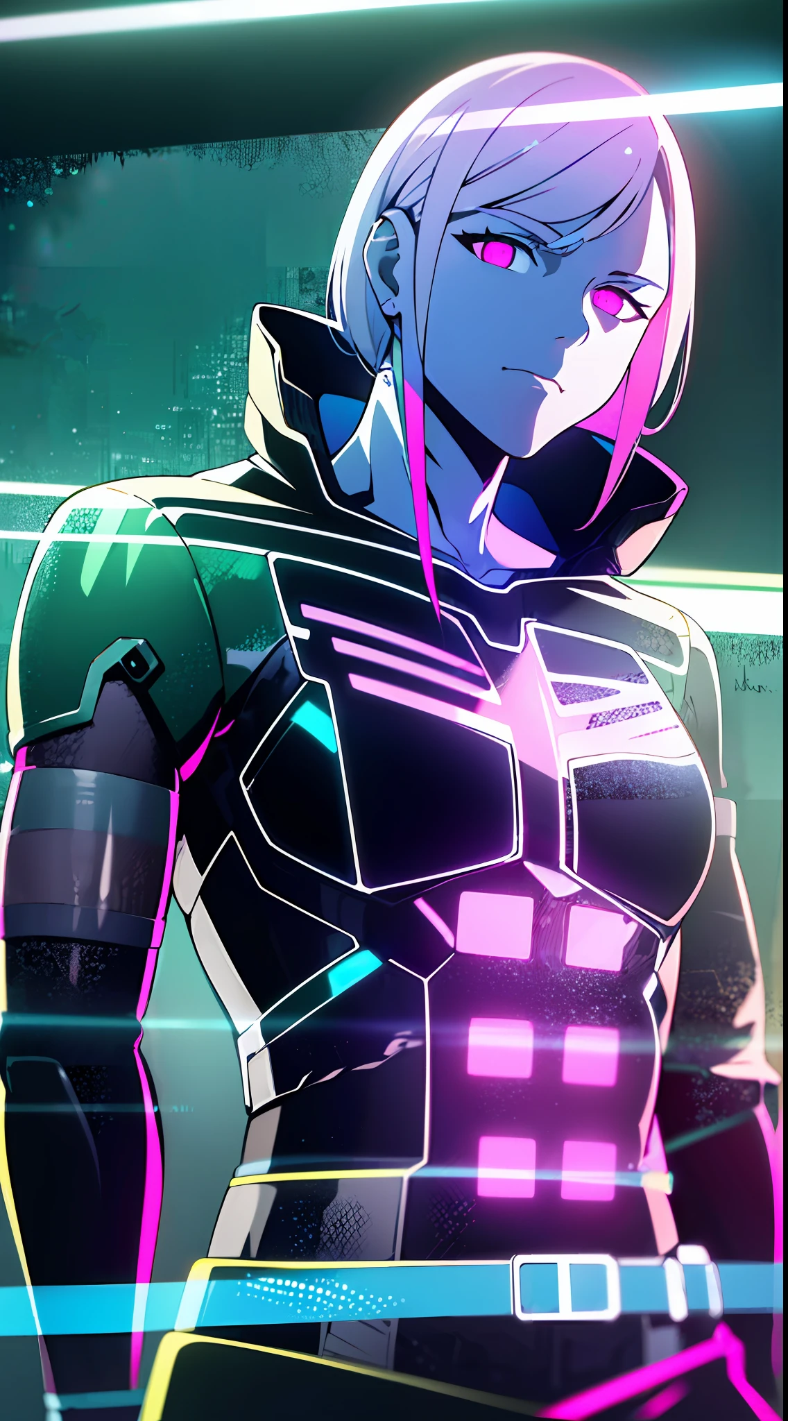 (masterpiece, detailed, high resolution:1.4), cyberpunk, cyberpunk 2077, cyberpunk night city neon background, metal cybernetic silver hand in the foreground in the frame, green-blue glitch effect around the arm, purple-pink neon glow, man, torso, fluorescent