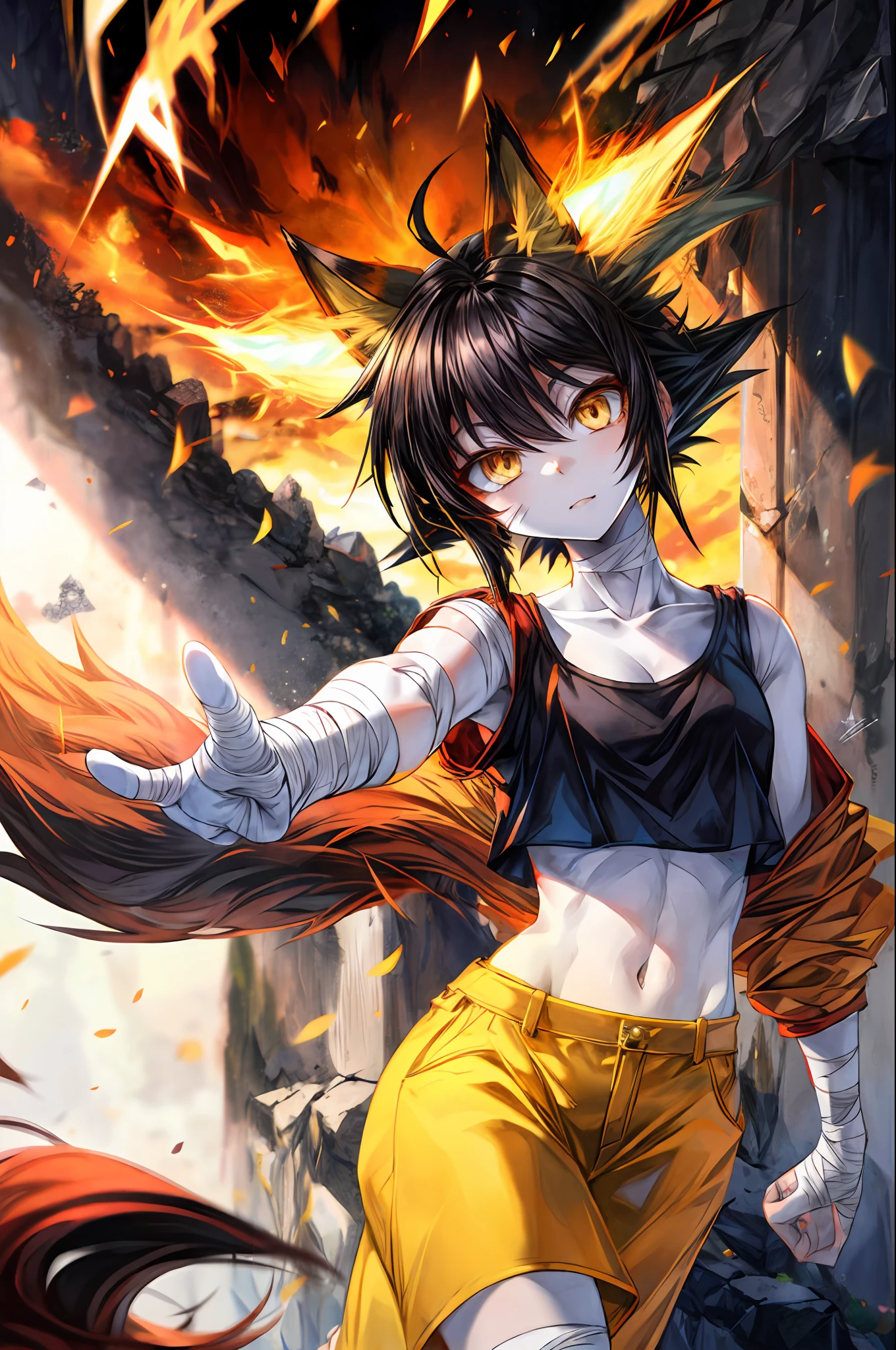 1girl, bandages, midriff, gold eyes, pale skin, super saiyan, black hair, head tilt, wide-eyed, fox ears, fox tail