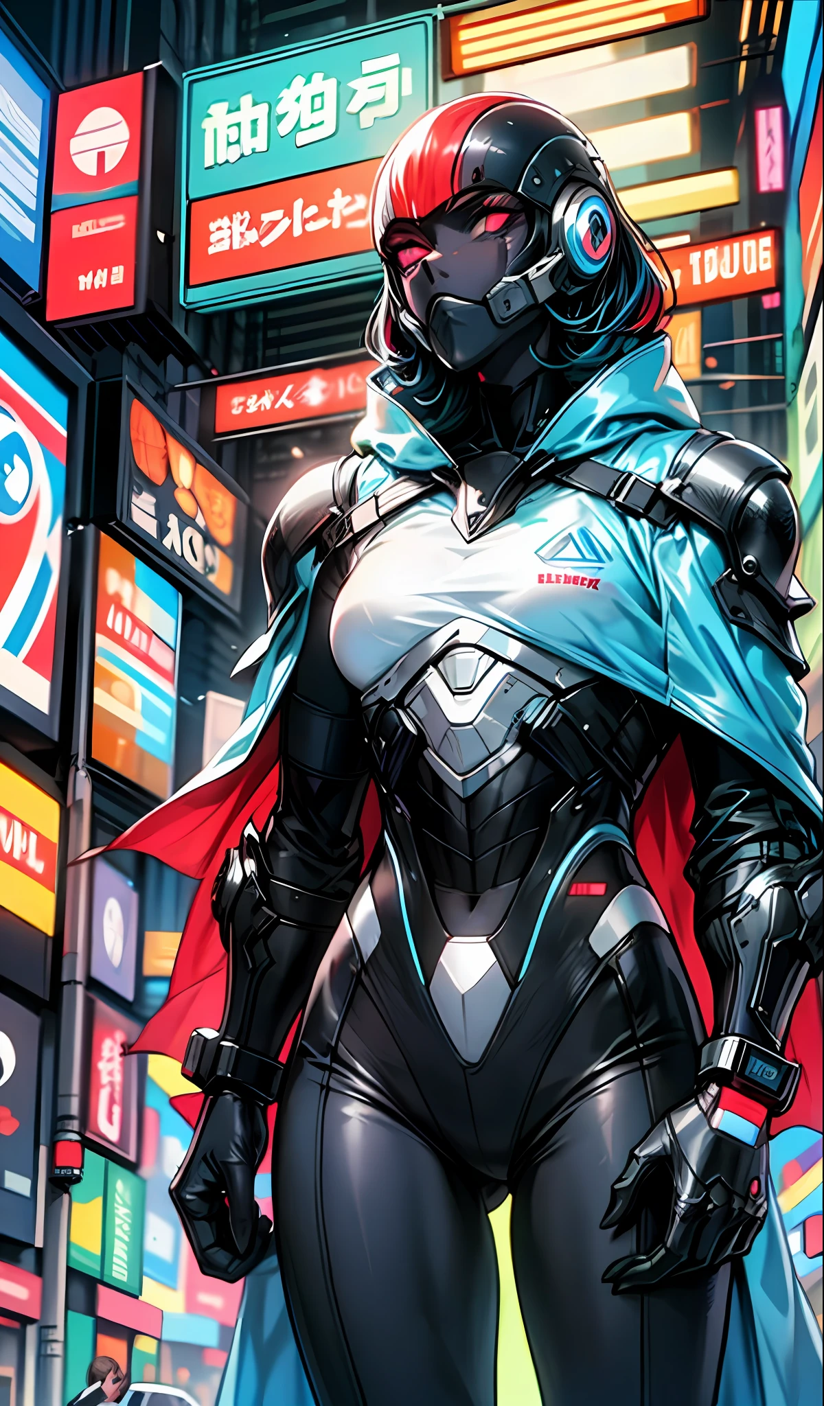 Robort Derpd Ranger working for the megacorporation Scifi, elite corporate enforcer patrolling the streets, wearing detailed multicolored cloaks cape, corporate offices, cyberpunk scene, busy street, neon lights