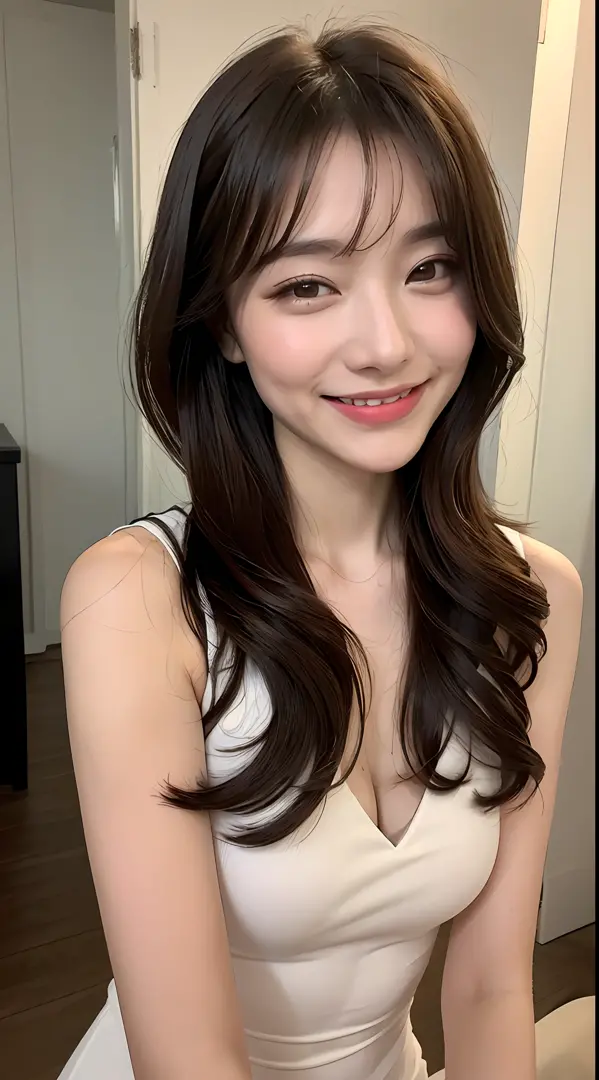 ((Best Quality, 8K, Masterpiece: 1.3)), 1 Girl, Slim Abs Beauty: 1.3, (Hairstyle Casual, Big: 1.2), Dress: 1.1, Ultra Slender Face, Delicate Eyes, Double Eyelids, Smile, Home, Smile