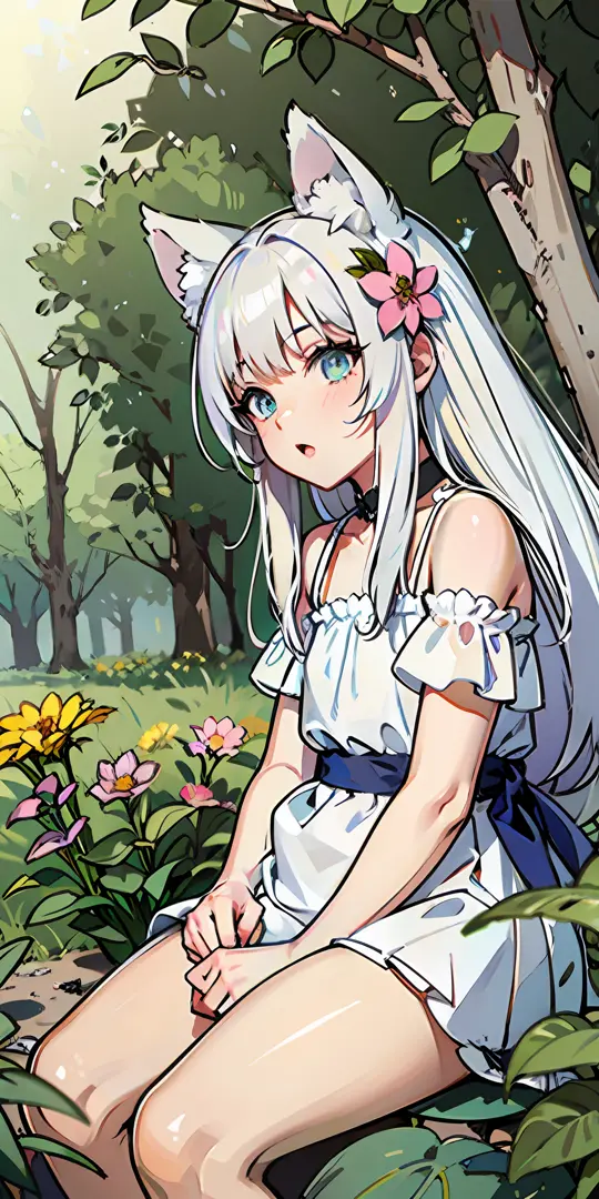 anime girl sitting in the grass with a cat ear and tail, white haired deity, official artwork, girl with white hair, loli in dre...
