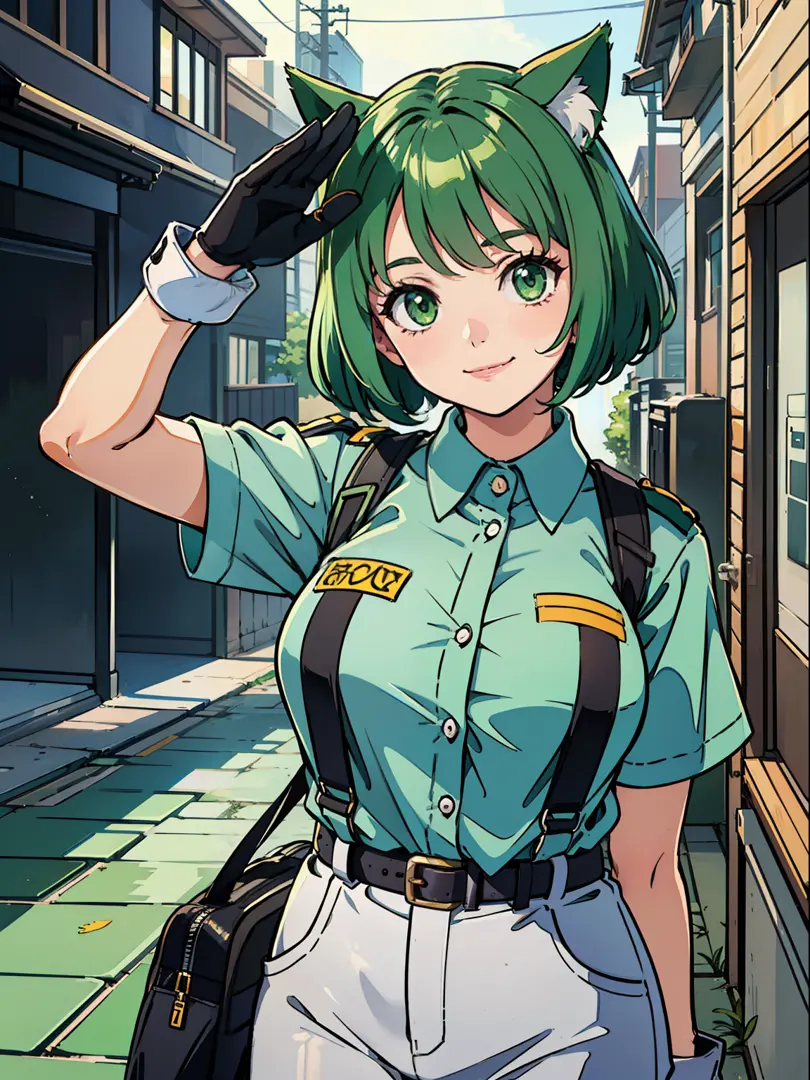 Composition of uniformed security guard (cat girl, short green bobbed hair, green eyes, satisfied smile) stopping and saluting at the entrance of the building