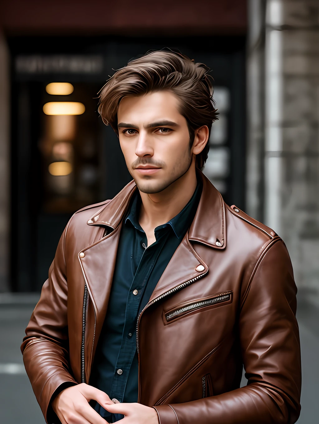 masterpiece, highest quality, RAW, style, A stunning half-body portrait of an extremely handsome man, messy light brown hair, pale skin, vibrant honey eyes, wearing a brown leather jacket, deep focused expression, (highly detailed skin, skin details), sharp focus, 8k UHD, DSLR, high quality, film grain, Fujifilm XT3, intricate details, highly detailed, cluttered and detailed background