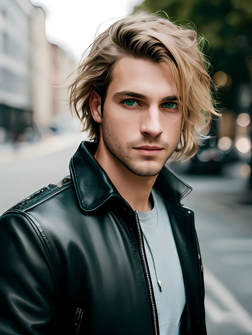 masterpiece, highest quality, RAW, style, A stunning half-body portrait of an extremely handsome man, messy blonde hair, pale skin, vibrant green eyes, wearing a black leather jacket, deep focused expression, (highly detailed skin, skin details), sharp focus, 8k UHD, DSLR, high quality, film grain, Fujifilm XT3, intricate details, highly detailed, cluttered and detailed background