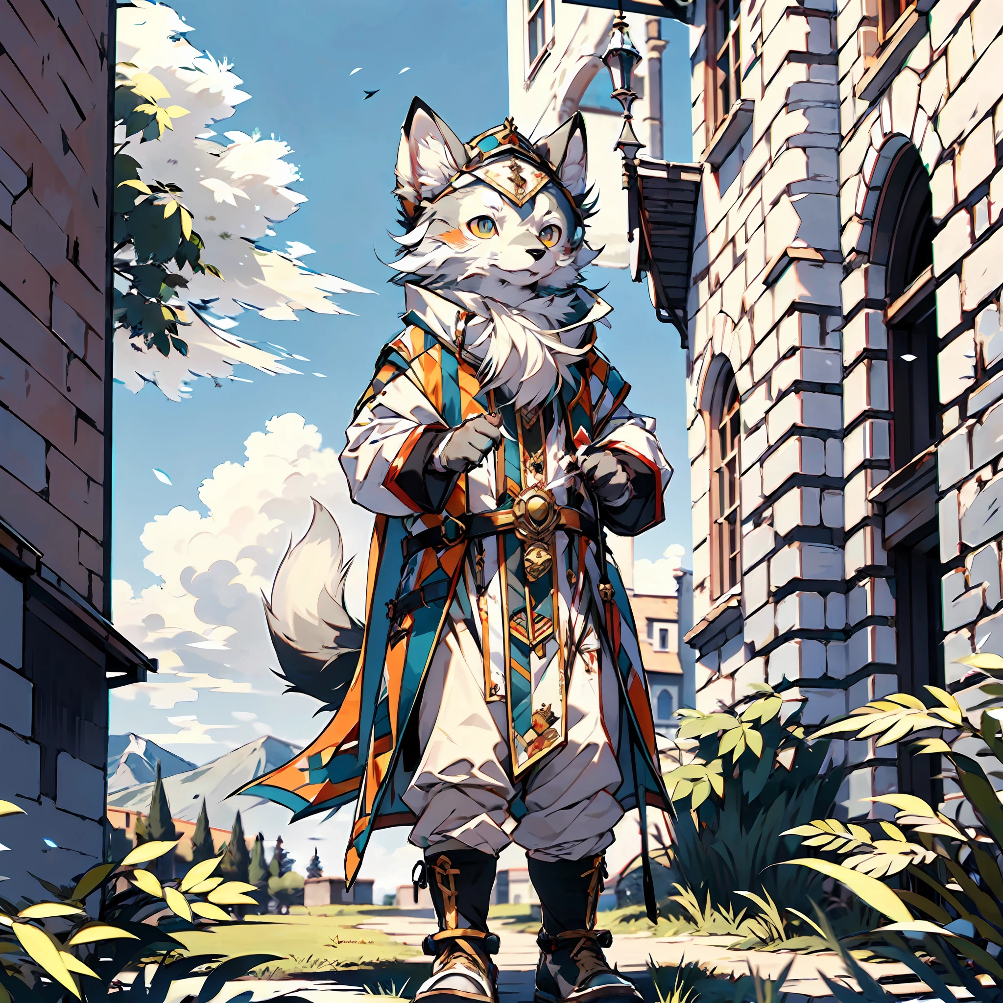 high detail, hyper quality, high resolution, 1080P, solo, furry, (male arctic fox: 1.5), (gray fur: 1.3), gray skin, gray ears, golden eyes, sharp claws, (fluffy tail: 1.2), carrying a bow, dressed in medieval attire, standing in front of a medieval castle, blue sky and white clouds, detailed background, natural lighting