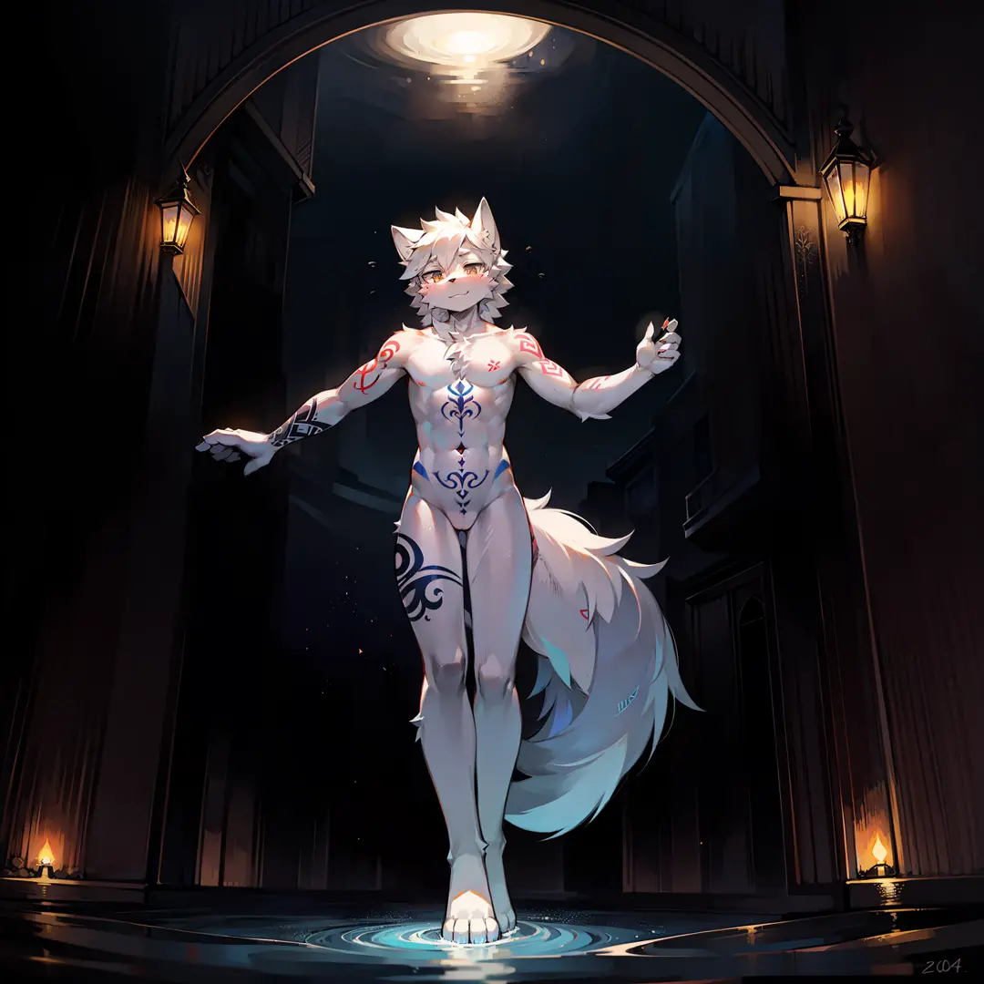 Furry, a sexy white wolf in the middle of the sea at night. Thigh tattoos, light tattoos. The body is a small man, 140cm tall.