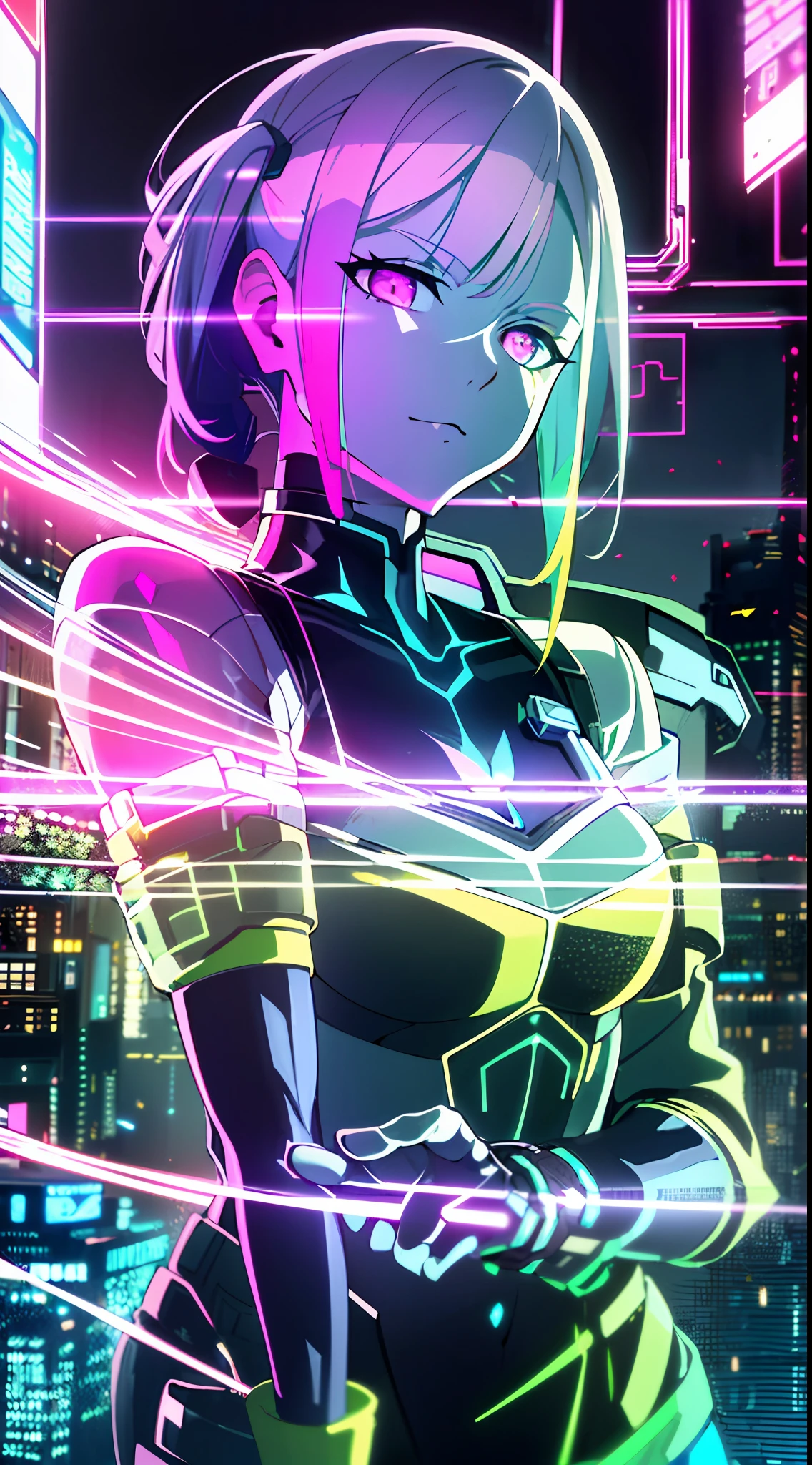 (masterpiece, detailed, high resolution:1.4), cyberpunk, cyberpunk 2077, cyberpunk night city neon background, metal cybernetic silver hand in the foreground in the frame, green-blue glitch effect around the hand, purple-pink neon glow, Lucy, torso, fluorescent yellow, light green, purple, mint