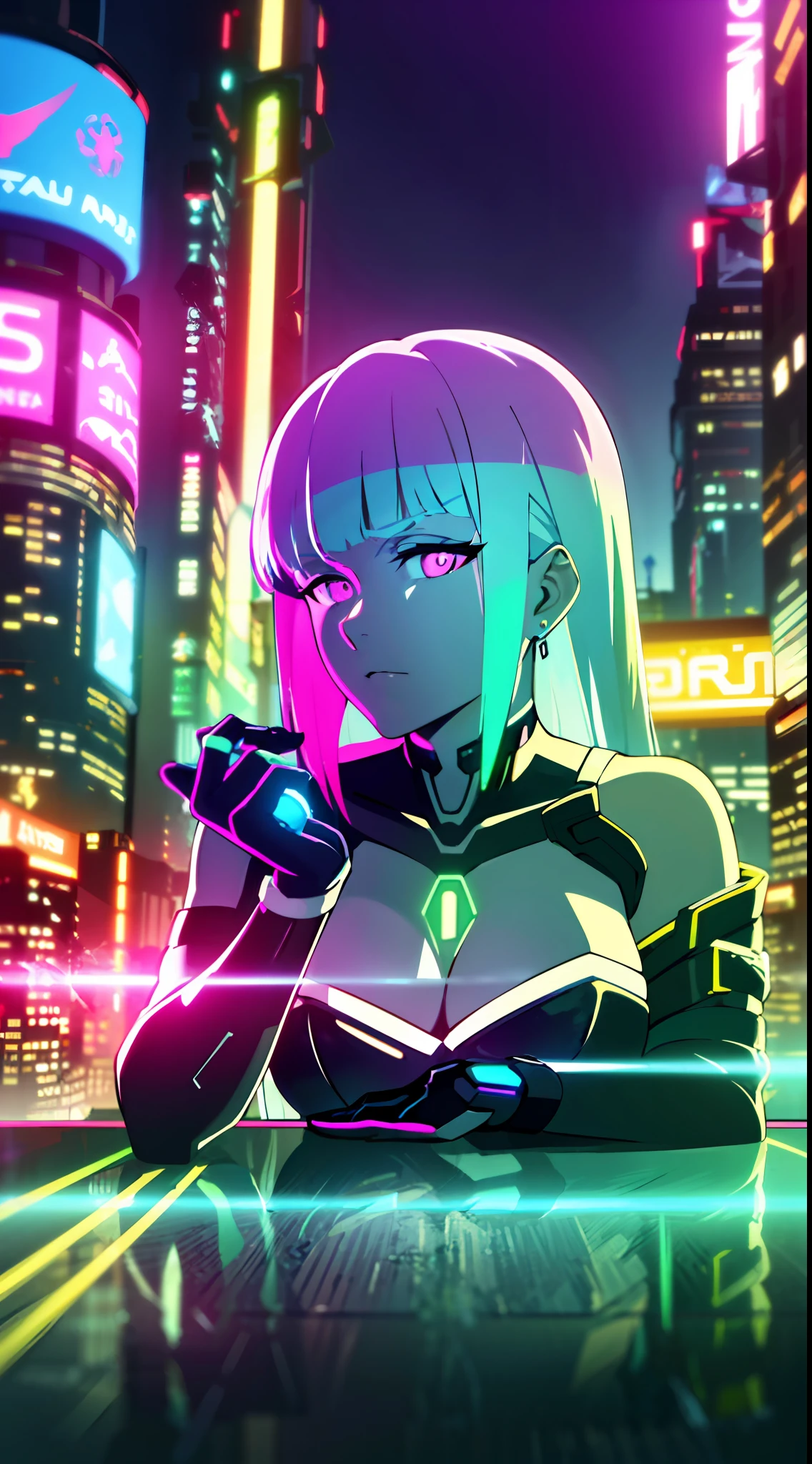 (masterpiece, detailed, high resolution:1.4), cyberpunk, cyberpunk 2077, cyberpunk night city neon background, metal cybernetic silver hand in the foreground in the frame, green-blue glitch effect around the hand, purple-pink neon glow, long hair, erotic, erotic, fluorescent yellow