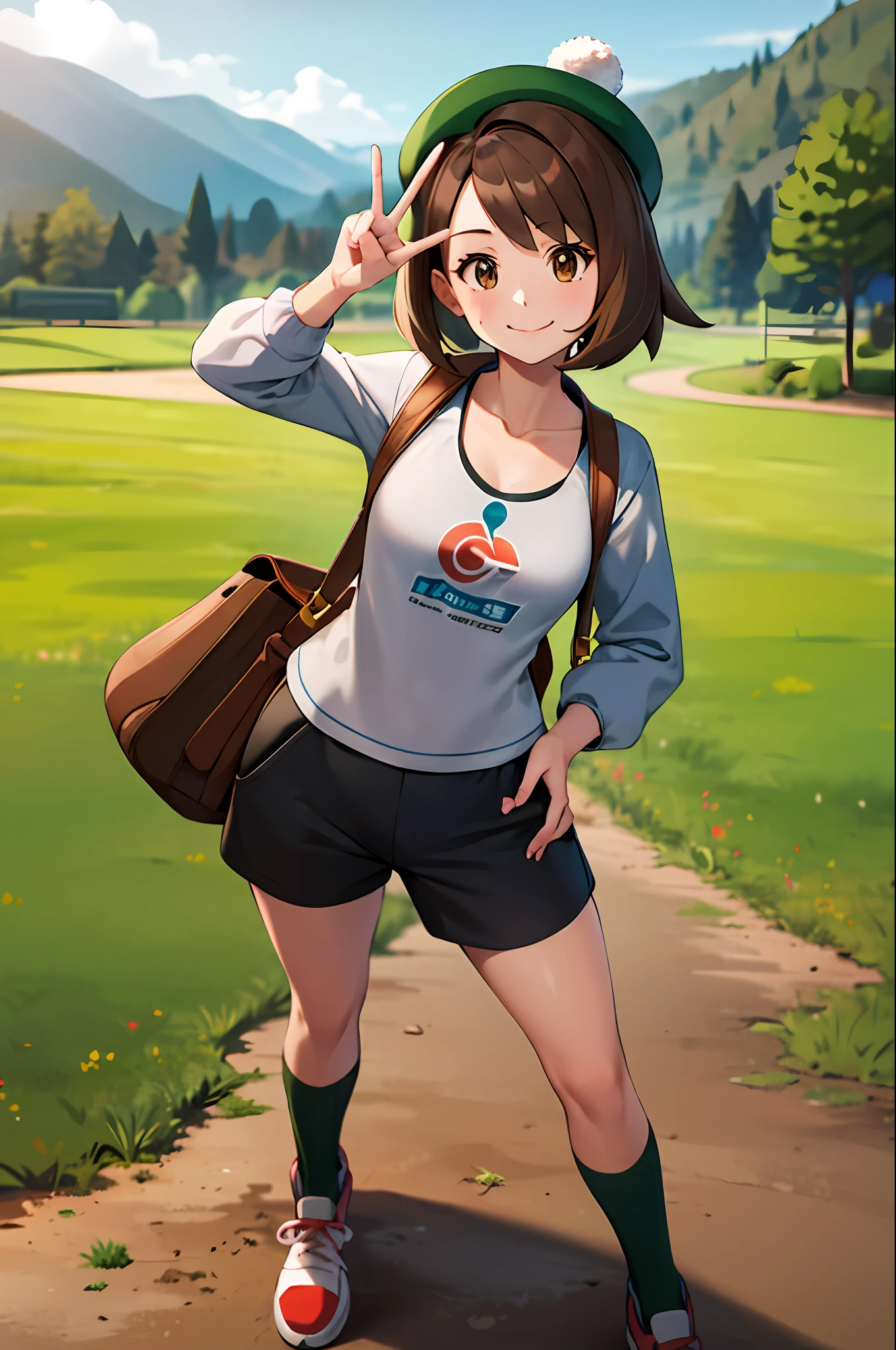 masterpiece, best quality, highres, gloria1, 1girl, gloria \(pokemon\), brown hair, solo, backpack, brown eyes, tam o' shanter, short hair, green socks, socks, brown bag, bob cut, bangs, long sleeves, hand on hip, smile, peace sign, field, grass, Black tank top, red sweatpants