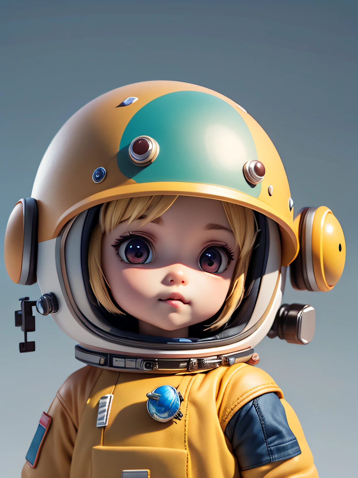 Tem uma bonequinha com capacete e capacete, renderização 3d fofa, pequeno astronauta olhando para cima, retrato anime garoto cadete do espaço, renderização de menino anime 3d fofo, arte digital detalhada fofa, explorador masculino mini garoto fofo, Renderização 3D estilizada, Arte de personagem renderizada em 3D 8k, linda pintura digital, Estilo anime 3D, Renderização superdetalhada