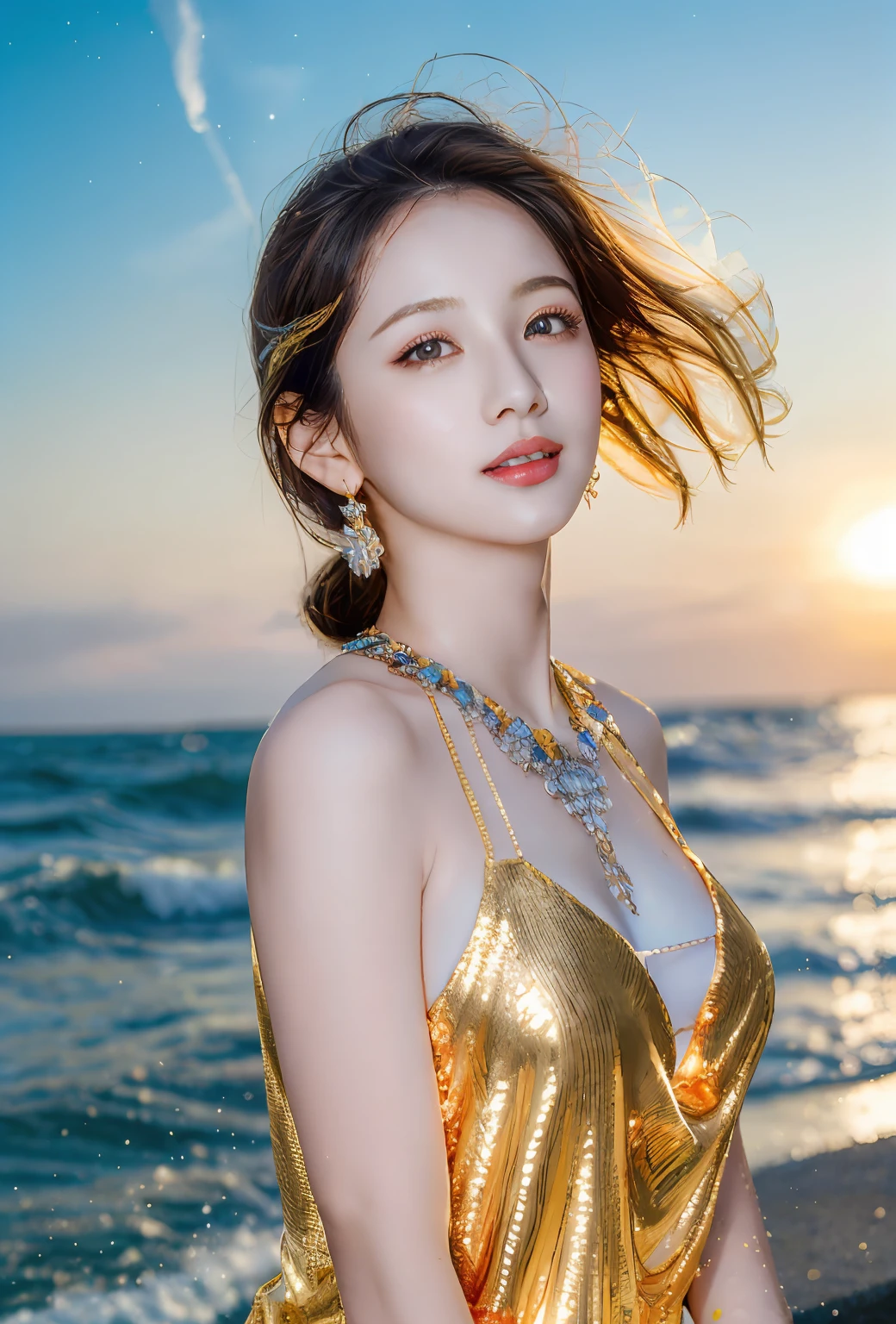 (Masterpiece, top quality, best quality, official art, beauty and aesthetics: 1.2), ((1girl fly in the sky))), ((windy)), (jump), white clouds, blue sky, highest details, (shiny skin), (earrings), sitting by the sea, (Masterpiece: 1.3), (8K, Realistic, RAW Photo, Best Quality: 1.4), Beautiful Face, (Realistic Face), Ridiculous, Attractive, Ultra High Resolution, Ultra Realistic, Highly Detailed, Golden Ratio, (Outdoor, Ocean, Dawn), Sparkle