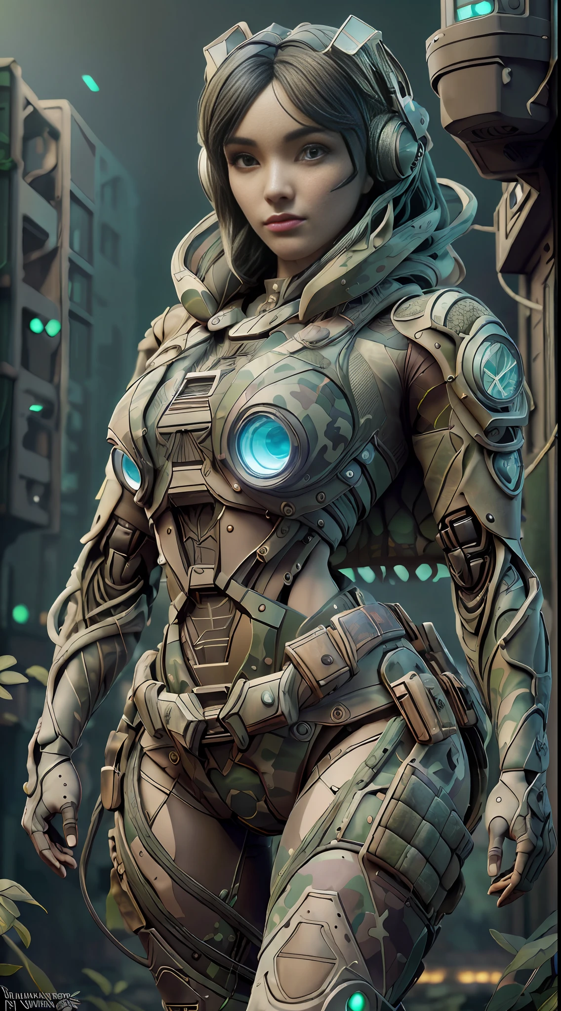 ((Best quality)), ((masterpiece)), (highly detailed:1.3), 3D, beautiful (cyberpunk:1.2) special forces, robort,female with thick voluminous hair wearing (wearing camouflage_uniform:1.1), body armour,cape,digital (camouflage:1.3),HDR (High Dynamic Range),Ray Tracing,NVIDIA RTX,Super-Resolution,Unreal 5,Subsurface scattering,PBR Texturing,Post-processing,Anisotropic Filtering,Depth-of-field,Maximum clarity and sharpness,Multi-layered textures,Albedo and Specular maps,Surface shading,Accurate simulation of light-material interaction,Perfect proportions,Octane Render,Two-tone lighting,Wide aperture,Low ISO,White balance,Rule of thirds,8K RAW,Efficient Sub-Pixel,sub-pixel convolution