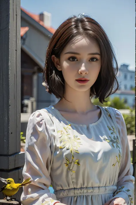 yangmi, mimi, (strong yellow bird print porcelain dress), (white long sleeves), 1 girl, (upper body), high heels, (short hair: 1...