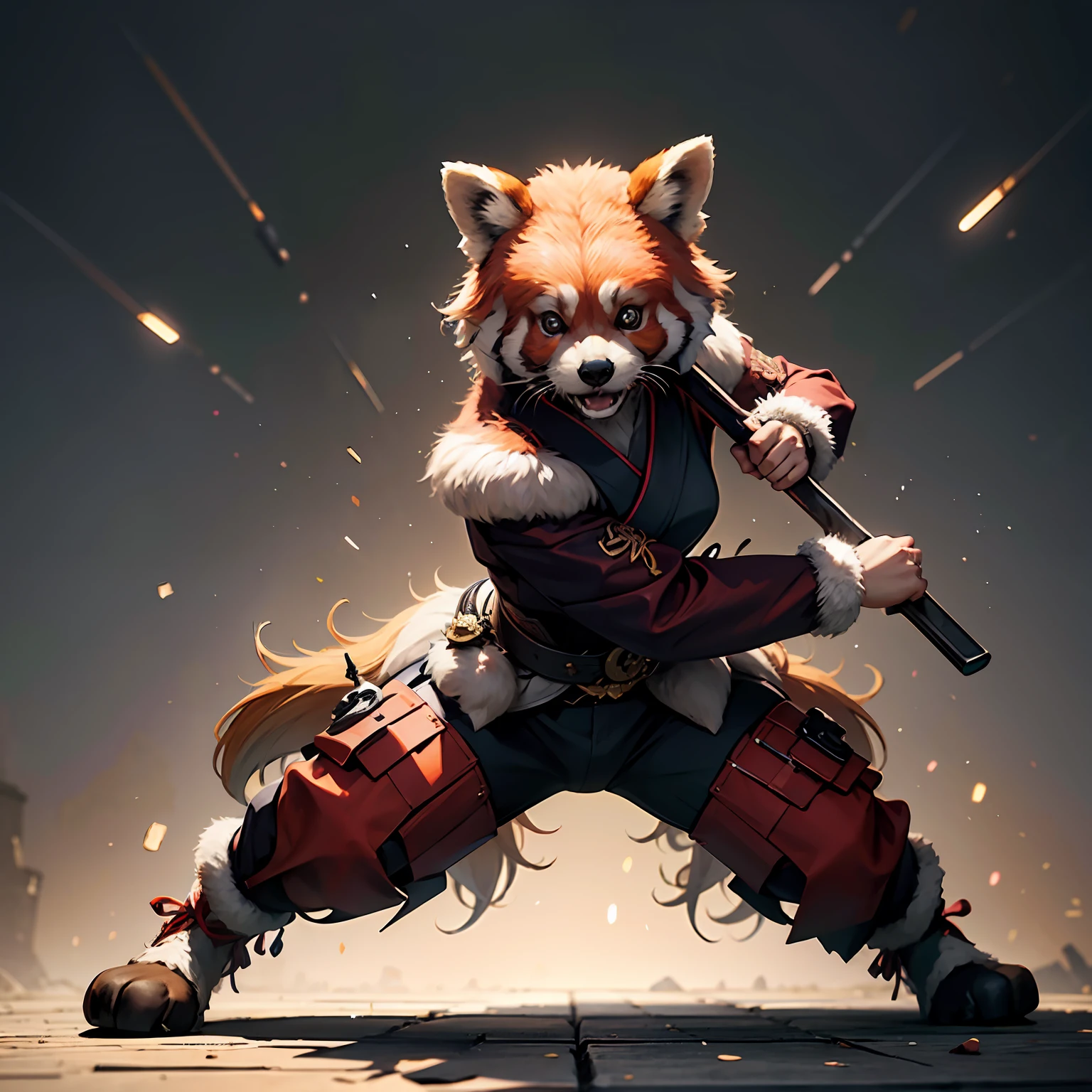 panda vermelho antropo peludo fêmea lutando com kung fu no dojo: : cena de ação, foto realista, obra de arte, perfeição. --auto