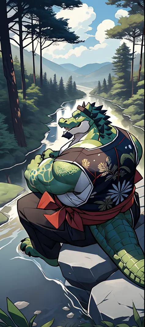 anthro, male, old chubby alligator, green alligator, big fat. overweight, white beard, samurai clothes, forest background, windy...