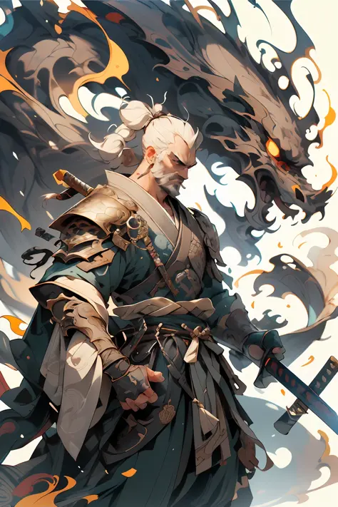 (Close-up: 1.1), upper body, weapon, 1 middle-aged man, male focus, sword, solo, chinoiserie clothing, holding weapon, holding sword, sheath, long sleeves, , haori, hakama, armor, sheath,, architectural background ,,