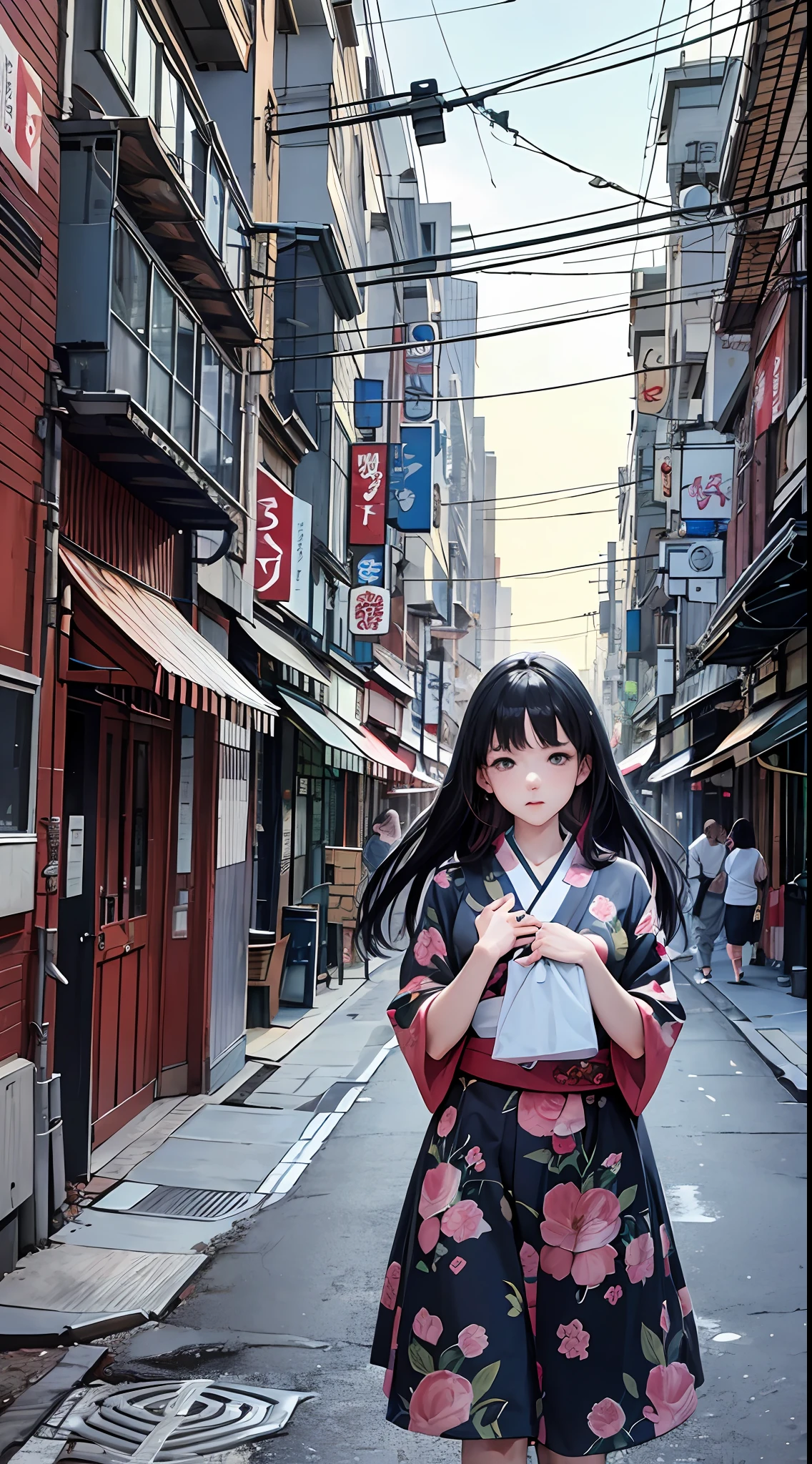 ((best quality))), (((masterpiece))), ((perfect face)),nsfw,One woman, long black hair, in the city, hiding behind a telephone pole, trying not to be found, looking at us, embarrassed, curious, unrequited love, Showa era Japan, nostalgic,teasing, bashful,((confesses and runs away)),